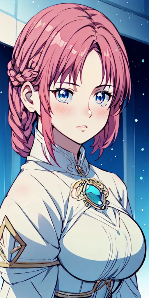 tmasterpiece,Highest high resolution,Beautiful bust of a royal lady,Delicate pink braided hair,Green clear eyes,The hair is covered with beautiful and delicate floral craftsmanship, Crystal jewelry filigree,Ultra-detailed details,upscaled。Soft lighting