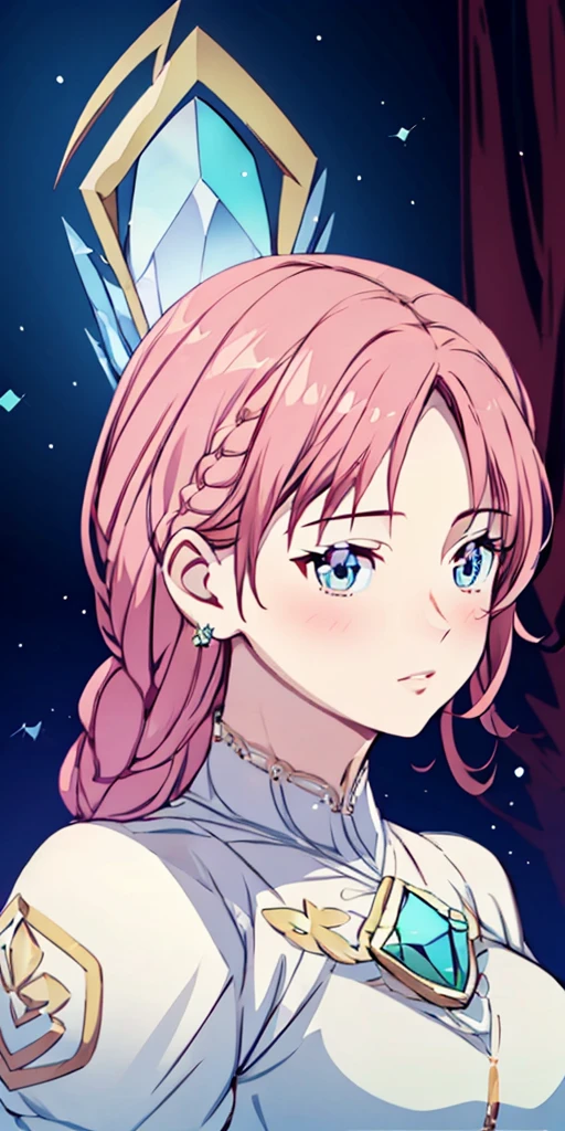 tmasterpiece,Highest high resolution,Beautiful bust of a royal lady,Delicate pink braided hair,Green clear eyes,The hair is covered with beautiful and delicate floral craftsmanship, Crystal jewelry filigree,Ultra-detailed details,upscaled。Soft lighting