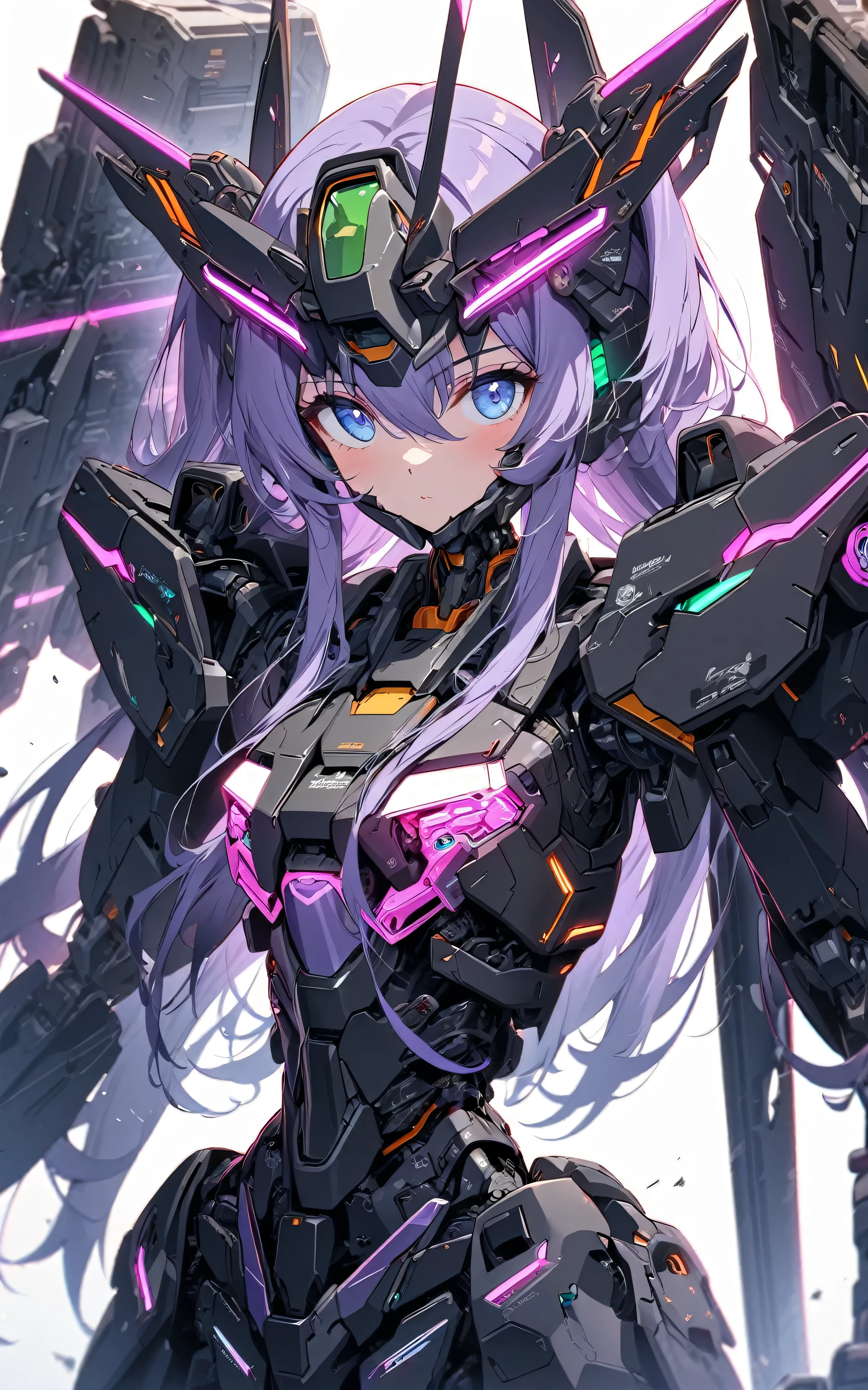 [(WHITE BACKGROUND:1.5)], (((masterpiece))), (upper body), 1girl, ((cyborg girl)), solo, Purple hair, long hair, Blue eyes, science fiction, (mecha musume:1.5), ((Sniper type)), mechanical parts, Green headgear, mechanical weapons, ((mechanical Black HeavyArmor)), ((neon light Purple)), Anime style