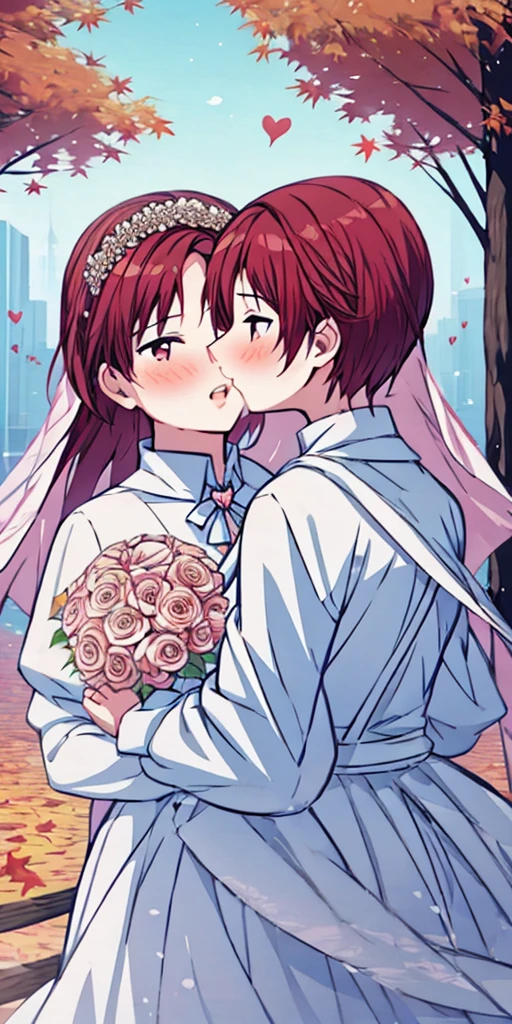(kissing two girls), Kiss, master piece, 8k, illustration, live, hearts, autumn, romance, romantic, lovely, brides
