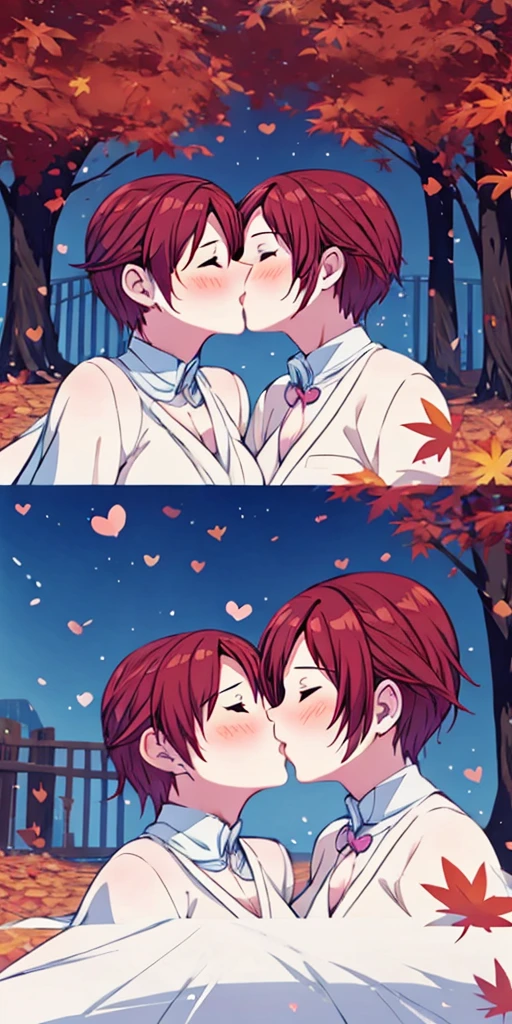 (kissing two girls), Kiss, master piece, 8k, illustration, live, hearts, autumn, romance, romantic, lovely, brides