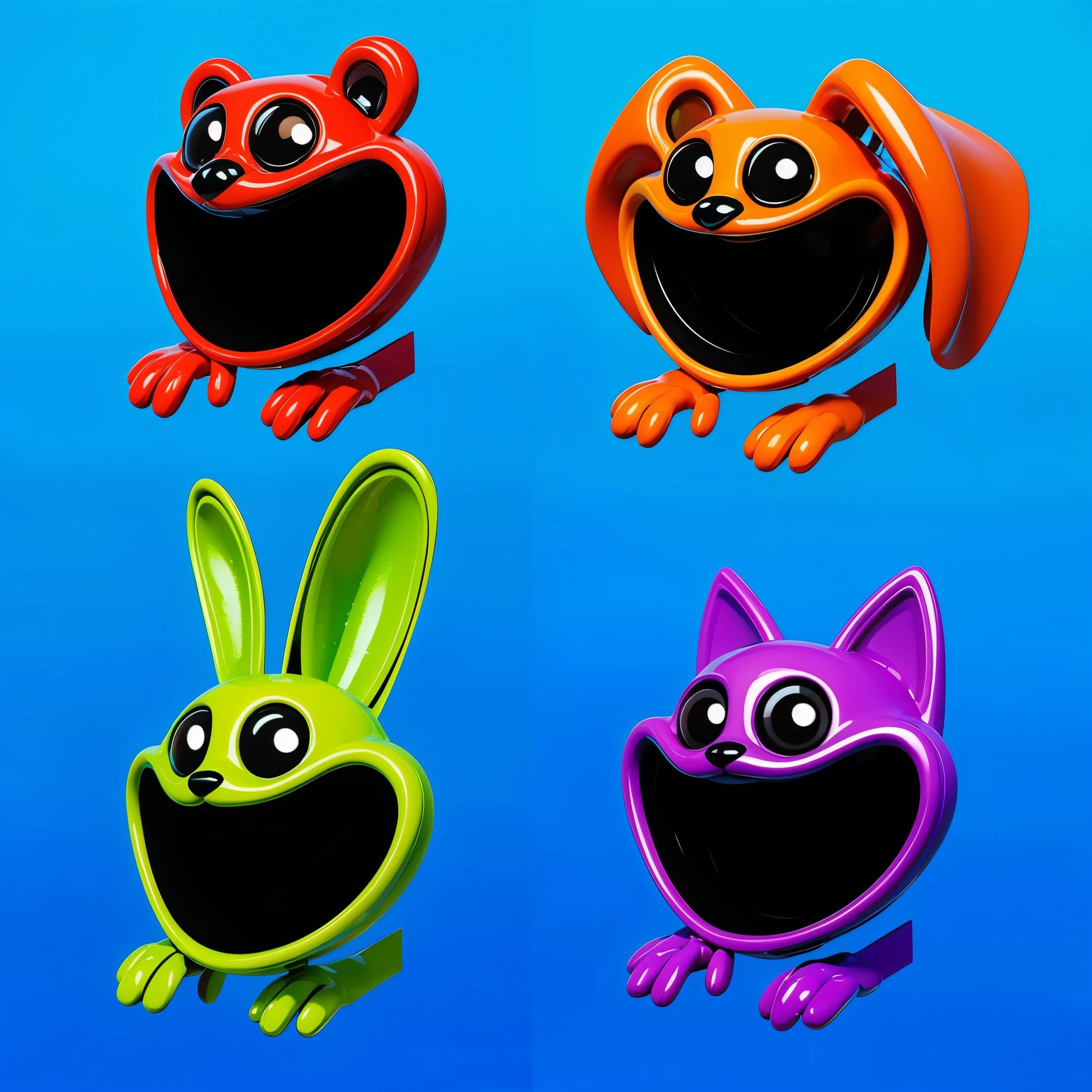 Create an image featuring four cartoonish characters with large black eyes and wide smiles. The characters should include a red bear with red hands and feet, an orange dog with orange hands and feet, a green rabbit with green hands and feet, and a purple cat with purple hands and feet. Place these characters on a bright blue background. cartoon key frame rendering, cute 3D rendering, Shiny metallic,Create ultra sharp цветной рендеринг zbrush. perfect cgi, cgi art created only with gradients, smooth silhouette, Create ultra sharp skin, high intensity refraction, (plastic material), most beautiful vfx, blue background, plastic refractions, glossy texture, smooth 3d model, multiple light sources, rim light, sharp post effects render, (glossy plastic texture with multiple big light probe refractions), perfect cgi, cgi art created only with gradients, smooth silhouette, high intensity refraction, (plastic material), most beautiful vfx, blue background, plastic refractions Create ultra sharp