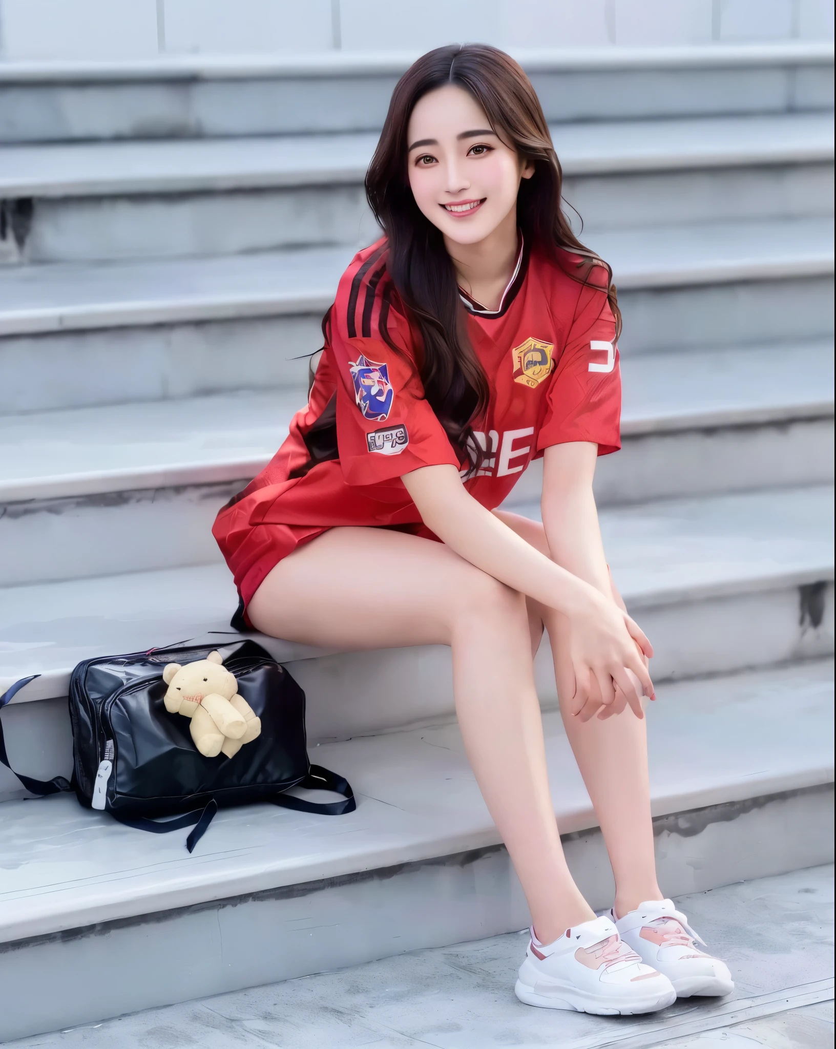 araffe sitting on the stairs with a teddy bear, Dilraba Dilmurat, realengine, Cindy Avellino, Athletic, 🐝👗👾, Anime Thai girl, Ruan Jiamei!, wearing red clothes, Larissa Manobar, 😃😀😄☺🙃😉😗, Inspired by Max Brie, wearing volleyball jersey