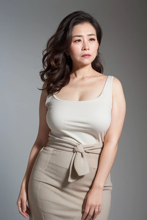 (top-quality, masterpiece,photo realistic,ultra-detailed,Textured skin:1.2),break  (from side),(1 girl),unfaced concrete Background,
break  (slit skirt),
break (japanese mature woman),(50 years old),
break (natural hair style),natural eyeblow,