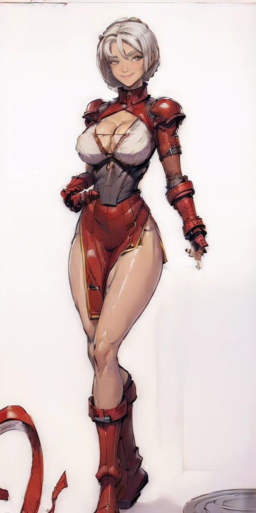 ((Plain background 1:2)) (Cammy White Street Fighter white silver short bob haircut) Female full body standing straight symmetrical looking to the viewer RED full body armored big breast knockers cleavage, leather collar choker, happy smile red cheeks, red gauntlets, red gloves, red military boots
