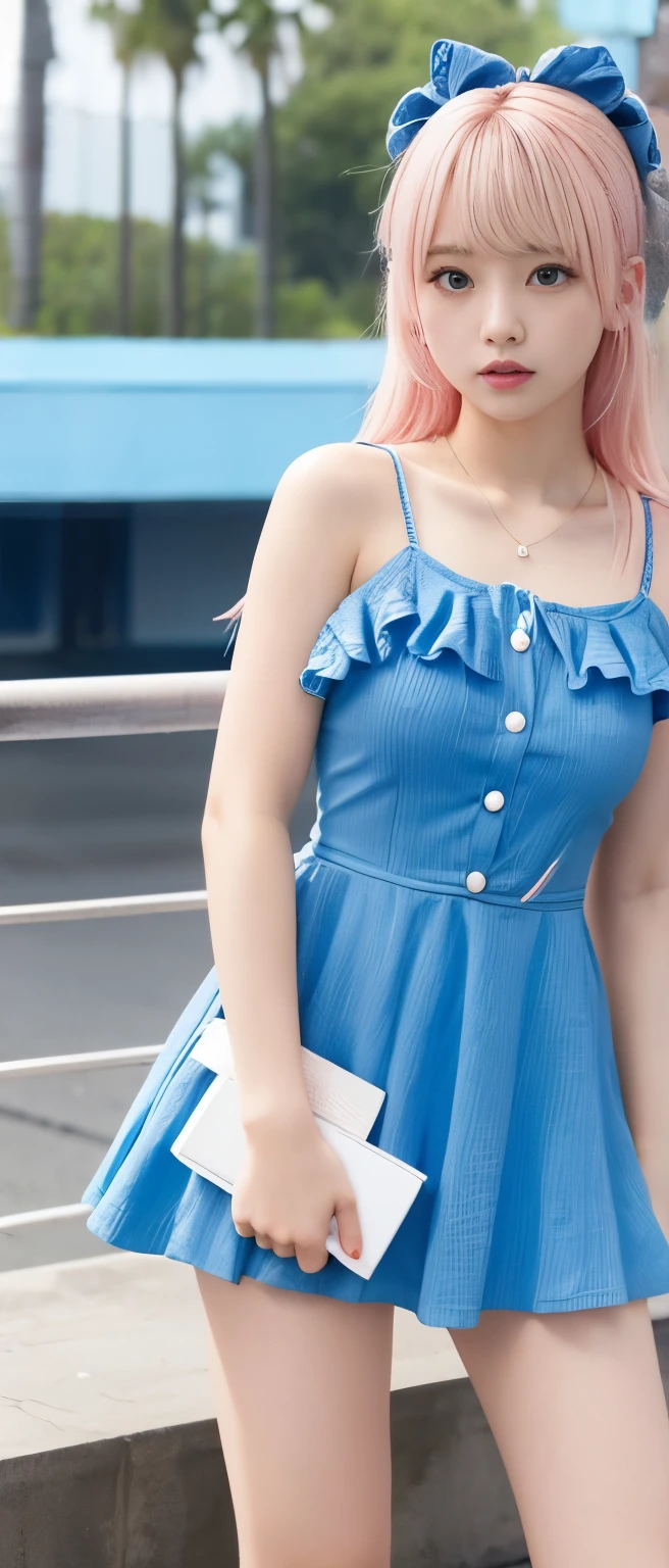 Sporty idol girl、whole body、Good style、、、、、、、、Cool blue ruffled mini dress、、Pink Blonde Hair、、、