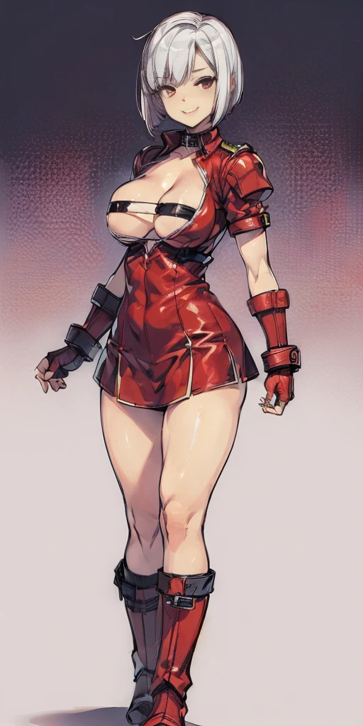((Plain background 1:2)) (Cammy White Street Fighter white silver short bob haircut) Female full body standing straight symmetrical looking to the viewer RED full body armored big breast knockers cleavage, leather collar choker, happy smile red cheeks, red gauntlets, red gloves, red military boots