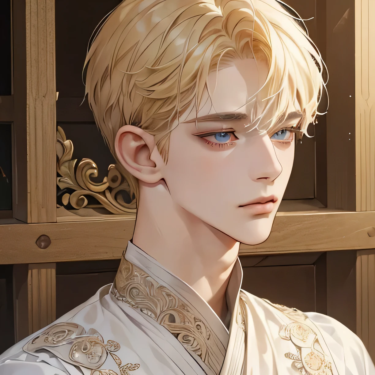 (extremely delicate and handsome:1.2), 8K,(masterpiece:1.0),(best_quality:1.0), 1 man, and intricate detailing, Enlarged textures, and intricate detailing, finely eye and detailed face, and intricate detailing, shiraga, blonde short hair, (closed mouths), Perfect eyes, Equal eyes, carolina eyes (A male god) with ancient priest clothing