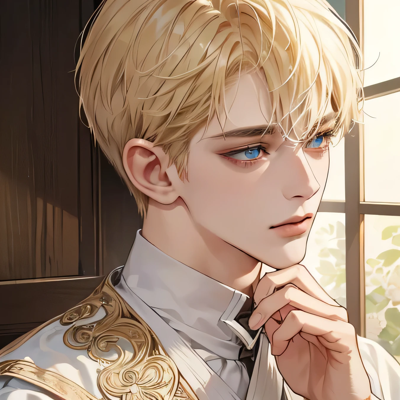 (extremely delicate and handsome:1.2), 8K,(masterpiece:1.0),(best_quality:1.0), 1 man, and intricate detailing, Enlarged textures, and intricate detailing, finely eye and detailed face, and intricate detailing, shiraga, blonde short hair, (closed mouths), Perfect eyes, Equal eyes, carolina eyes (A male god) with ancient priest clothing