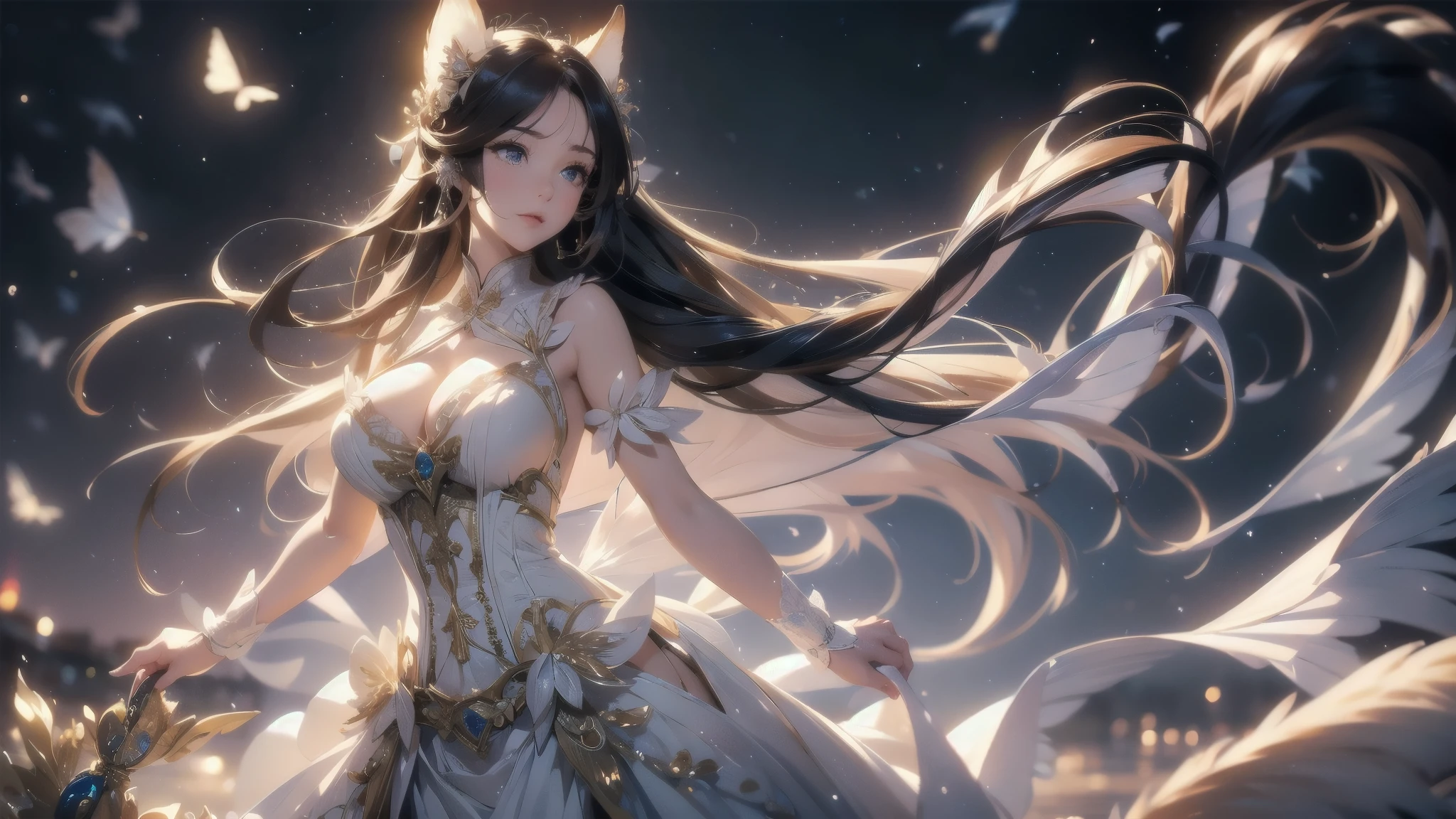 best quality, ultra detailed, full body, depth of field, white wavy fluttering victorian dress, massive teardrop breasts, long wavy ponytail, late evening, park riverside, animal ears, perfect anatomy, nine-tailed fox,