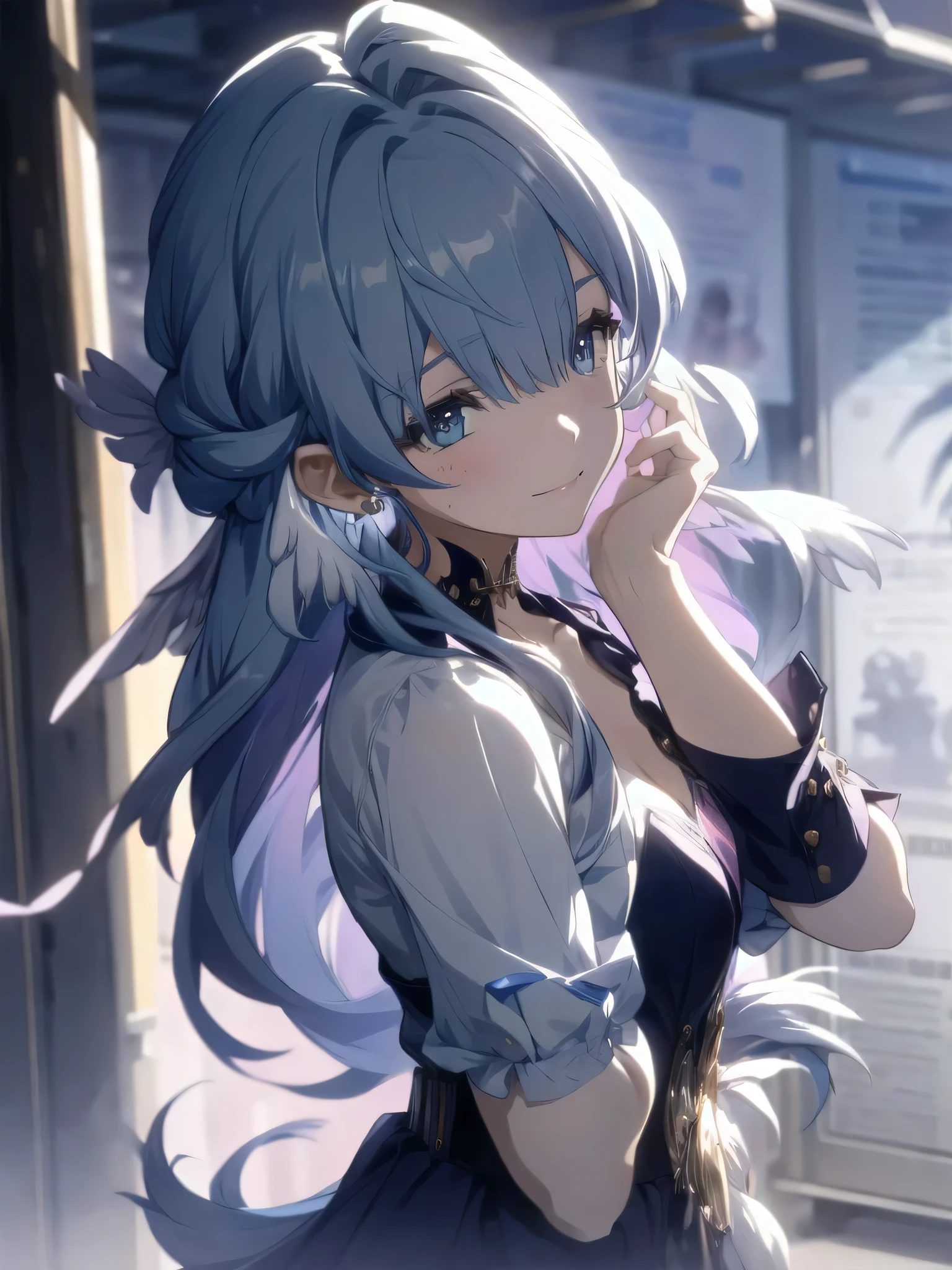 (masterpiece, top quality, best quality, official art, beautiful and aesthetic:1.2),(8k, best quality, masterpiece:1.2), (((masterpiece))),(((best quality))),(((extremely detailed))),illustration, who, (masterpiece, top quality, best quality, official art, beautiful and aesthetic:1.2),(8k, best quality, masterpiece:1.2), ((masterpiece, best quality)), robin,1girl,(blue hair:1.0),bare shoulders, halo, white gloves, earrings, white dress, strapless dress, head wings, high quality, purple dress, detached sleeves, collarbone, 1girl, robin, head wings, halo, white gloves, pearl bracelet, white background, bangs, simple background, long sleeves, full body, high-waist skirt, from side, one knee, pencil skirt, thigh strap, pink eyes, breasts, jacket, shirt, straight hair, black jacket, parted lips, looking to the side,, cowboy shot, singing, music, reaching towards viewer, hand on own chest, smile, foreshortening,