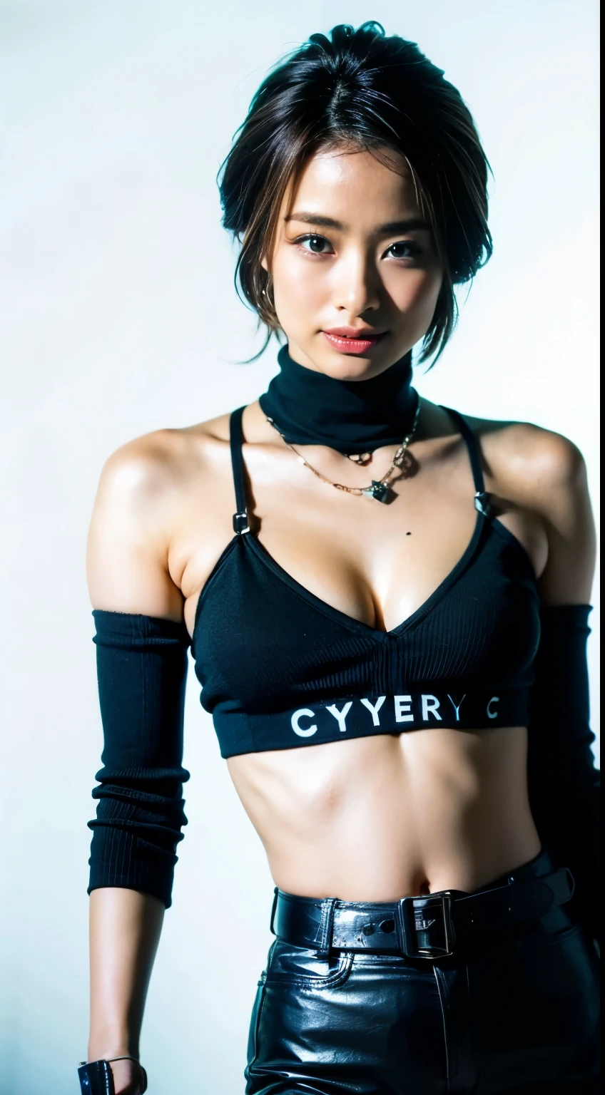 ta, smile, 20-year-old, ((highest quality)), ((masterpiece)), (High resolution:1.3), ..3D, beautiful (cyber punk:1.3), Stylish woman, Embarrassing, invisible waist skin, Belt below the waist,Ultra-fine illustrations,Blonde Hair , amount, Shiny, Black Hair,