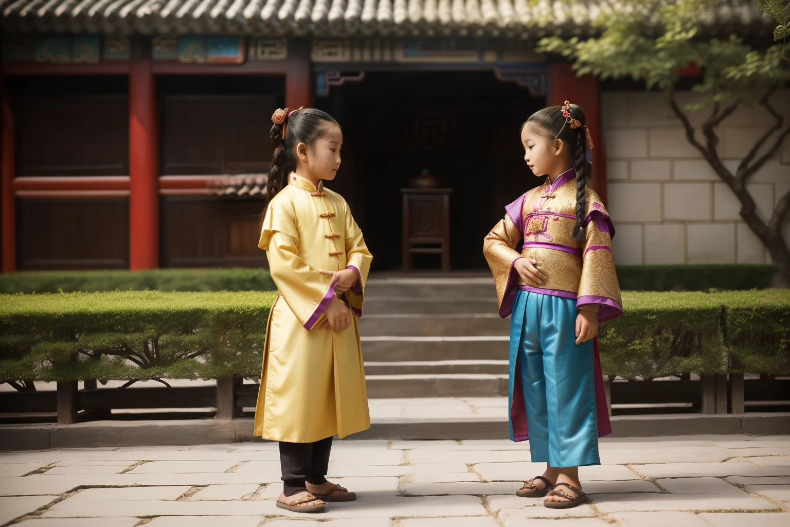 China, 1469. A little ((((8--old)an Yunxian)), in a garden, with a friend, ((((chinese clothings from the 1460s)))), ((hairstyle of the 1460s)), ((colorful))