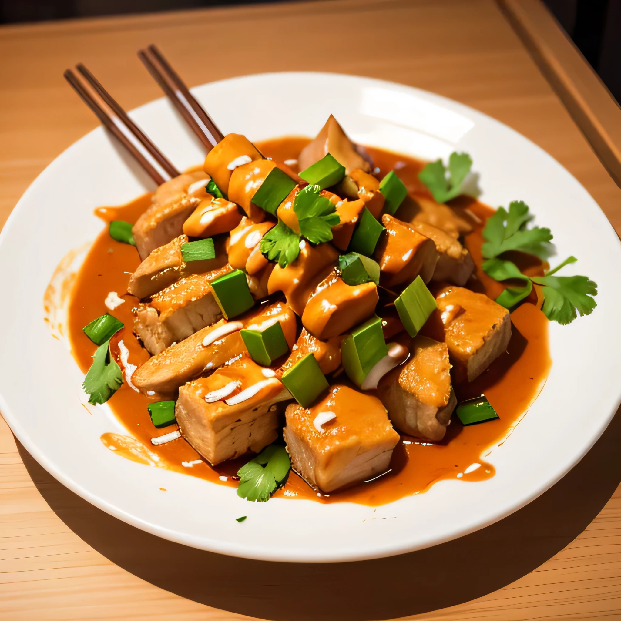Best quality, masterpiece, chicken satay with peanut sauce