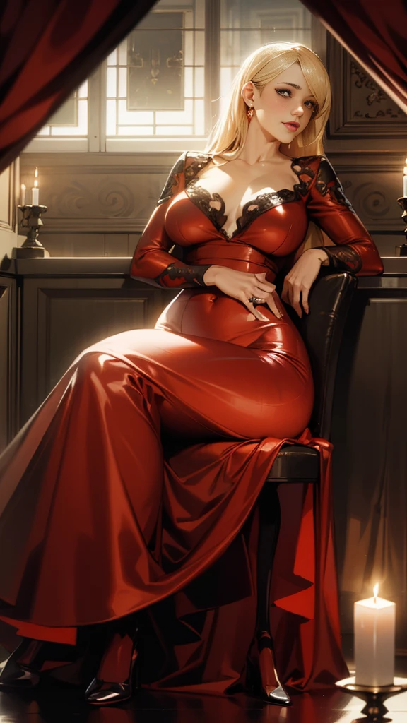 a woman in a red dress with long blonde hair,looking at us, grayscale phtoto with red dress, kiss shot acerola orion heart under blade,a high-end dining table in an elegant room, a delicate floral centerpiece, fine china and silverware, soft lighting from candles and chandeliers, rich wood paneling, ornate wall decor, large windows with a scenic view, (best quality,4k,8k,highres,masterpiece:1.2),ultra-detailed,(realistic,photorealistic,photo-realistic:1.37),HDR,UHD,studio lighting,ultra-fine painting,sharp focus,physically-based rendering,extreme detail description,professional,vivid colors,bokeh,interior design,luxury,formal,elegant,ornate,mange style)