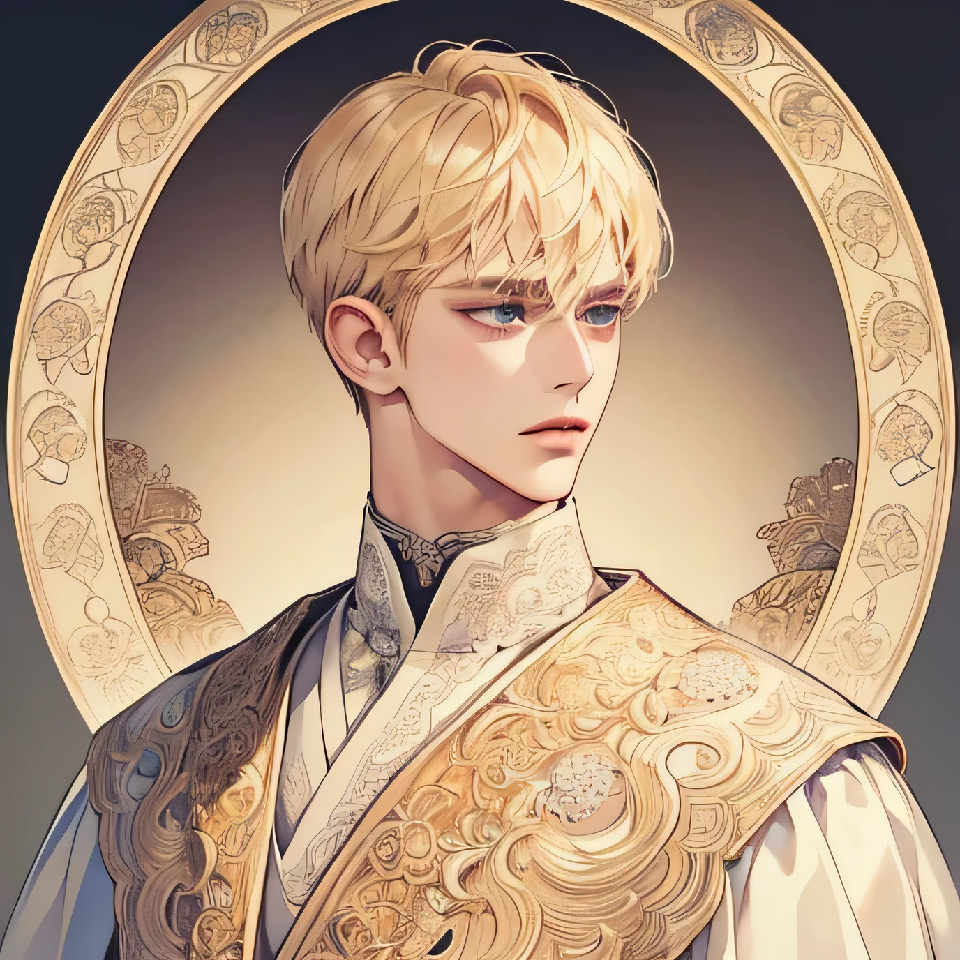 (extremely delicate and handsome:1.2), 8K,(masterpiece:1.0),(best_quality:1.0), 1 man, and intricate detailing, Enlarged textures, and intricate detailing, finely eye and detailed face, and intricate detailing, shiraga, blonde short hair, (closed mouths), Perfect eyes, Equal eyes, carolina eyes (A male god) with ancient priest clothing