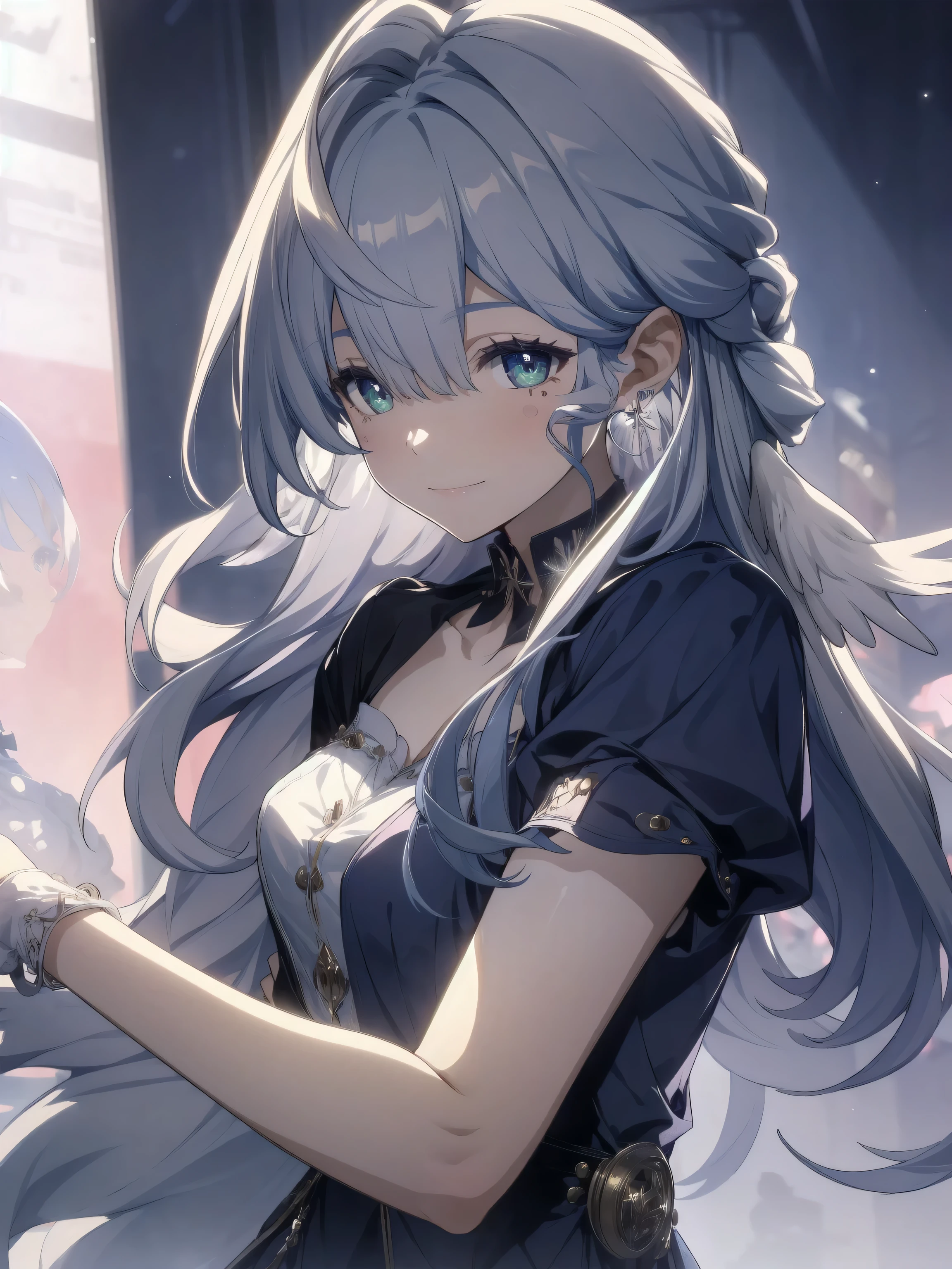 (masterpiece, top quality, best quality, official art, beautiful and aesthetic:1.2),(8k, best quality, masterpiece:1.2), (((masterpiece))),(((best quality))),(((extremely detailed))),illustration, who, (masterpiece, top quality, best quality, official art, beautiful and aesthetic:1.2),(8k, best quality, masterpiece:1.2), ((masterpiece, best quality)), robin,1girl,(blue hair:1.0),bare shoulders, halo, white gloves, earrings, white dress, strapless dress, head wings, high quality, purple dress, detached sleeves, collarbone, 1girl, robin, head wings, halo, white gloves, pearl bracelet, white background, bangs, simple background, long sleeves, full body, high-waist skirt, from side, one knee, pencil skirt, thigh strap, pink eyes, breasts, jacket, shirt, straight hair, black jacket, parted lips, looking to the side,, cowboy shot, singing, music, reaching towards viewer, hand on own chest, smile, foreshortening,