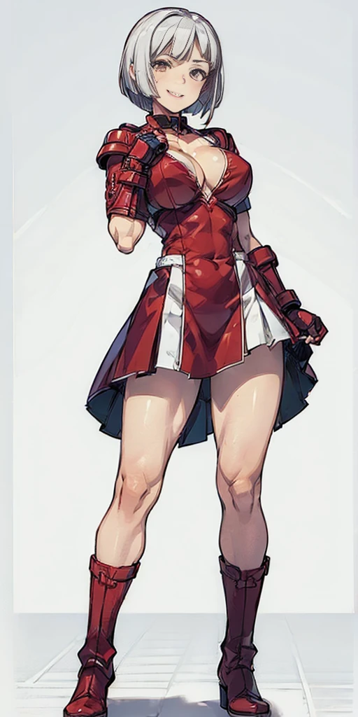 ((Plain background 1:2)) (Cammy White Street Fighter white silver short bob haircut) Female full body standing straight symmetrical looking to the viewer view from below, RED full body armored big breast knockers cleavage, leather collar choker, happy smile red cheeks, red gauntlets, red gloves, red military boots