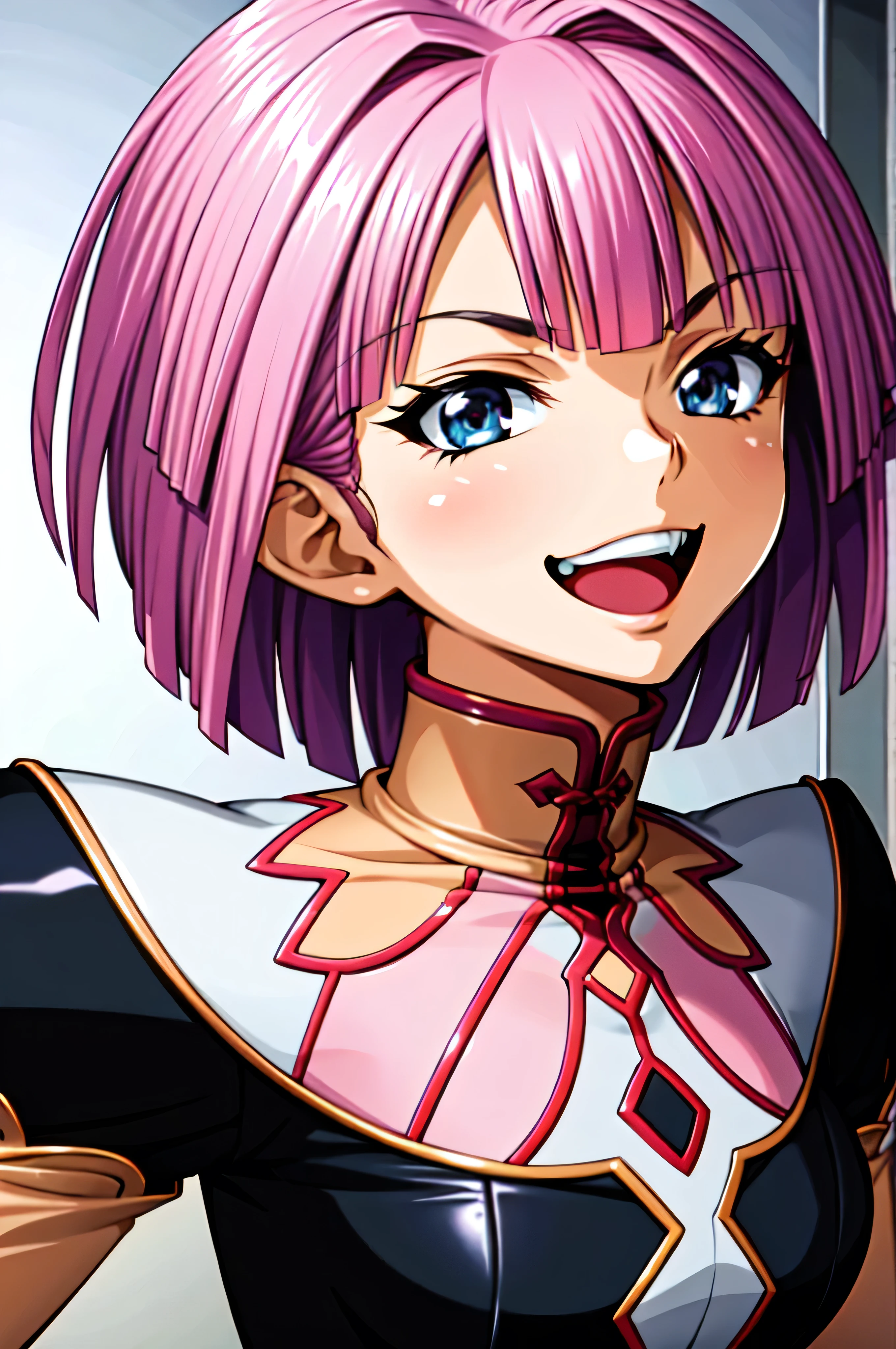 (best_quality 4K, 8K, High resolution, Masterpiece: 1.2), ultra detailed),from_below,(anime_screencap),(1girl,solo),dynamic_angle,very evil_smile,very evil laugh at,tis,shadeded_face,very sadistic,bob short  hair,,black and pink background,