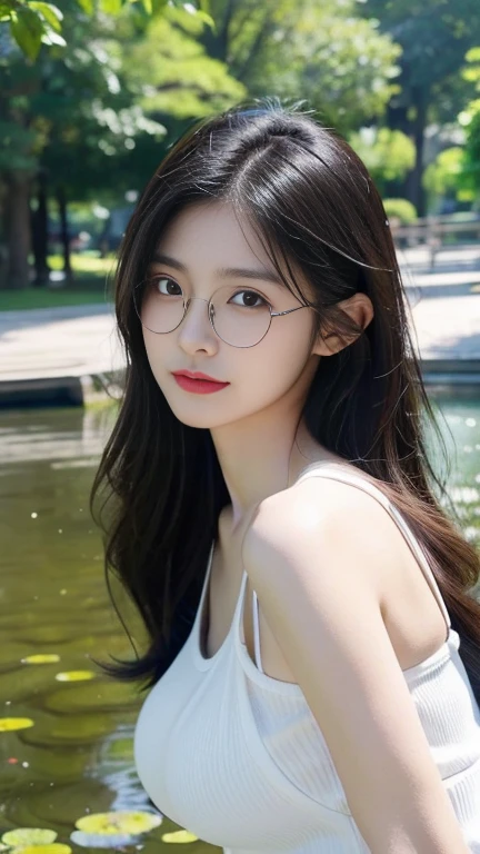 (highest quality,8k,RAW Photos,Realistic,High resolution:1.2),(Cute Japanese Girl),(Huge breasts:1.20), Always wears glasses,  Beautiful long black hair, Big Breasts ,Very large breasts, Big Tits,超Big Breasts,  Very large soft saggy breasts, J Cup, Very large breasts, Sexy Body, Small waist,  18-year-old, Feminine and neat early summer outfit, Beautiful park with a pond, Japanese Idols, Pro Shot