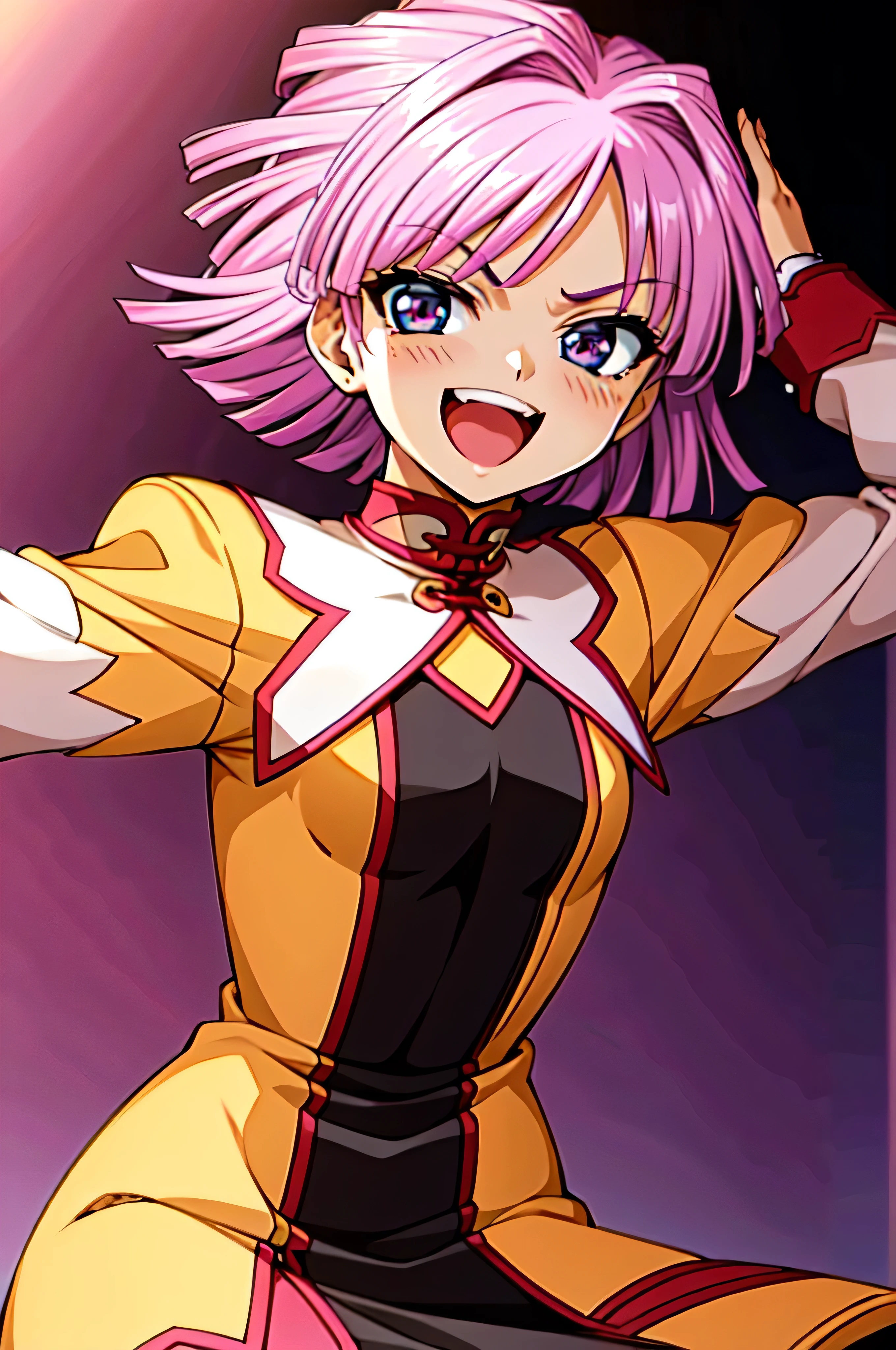 (best_quality 4K, 8K, High resolution, Masterpiece: 1.2), ultra detailed),from_below,(anime_screencap),(1girl,solo),dynamic_angle,very evil_smile,very evil laugh at,tis,shadeded_face,very sadistic,bob short  hair,,black and pink background,