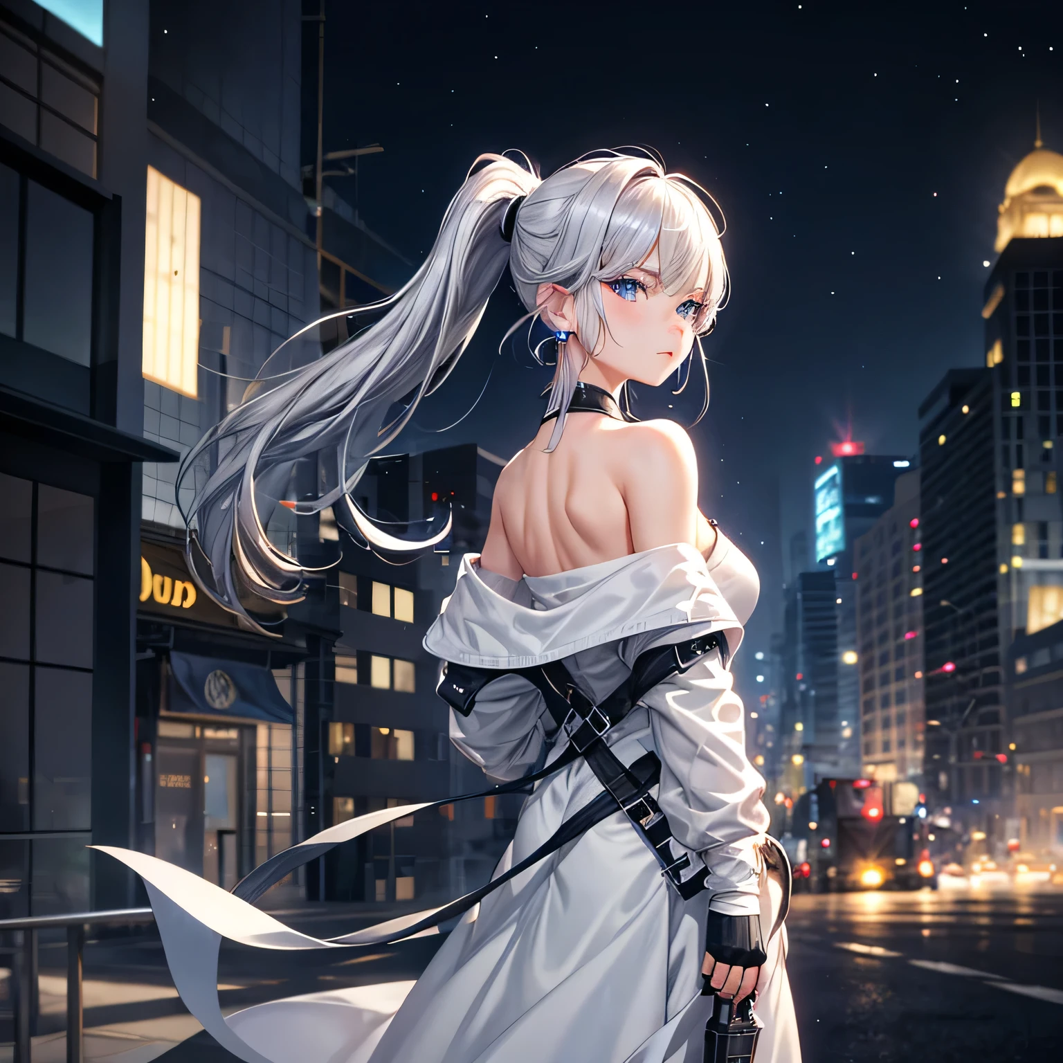 Upper body, 1 boy, wallpaper, landscape, depth of field, night, light particles, light, side light, thigh, 1 boy, grey eye, return, bangs, bare shoulders, black gloves, blue eyes, holding the gun, earrings, fingerless gloves, gloves, gray hair, holding, Jacket, jewelry, long hair, looking ahead, nail polish, off shoulder, night city background, ponytail, greyJacket, alone, Upper body, secret agent,(shiny skin),(masterpiece:1.4),(highest quality:1.4), anime boy in white dress with short hair and ears standing in front of bushes, fuul body, standing on top of the house