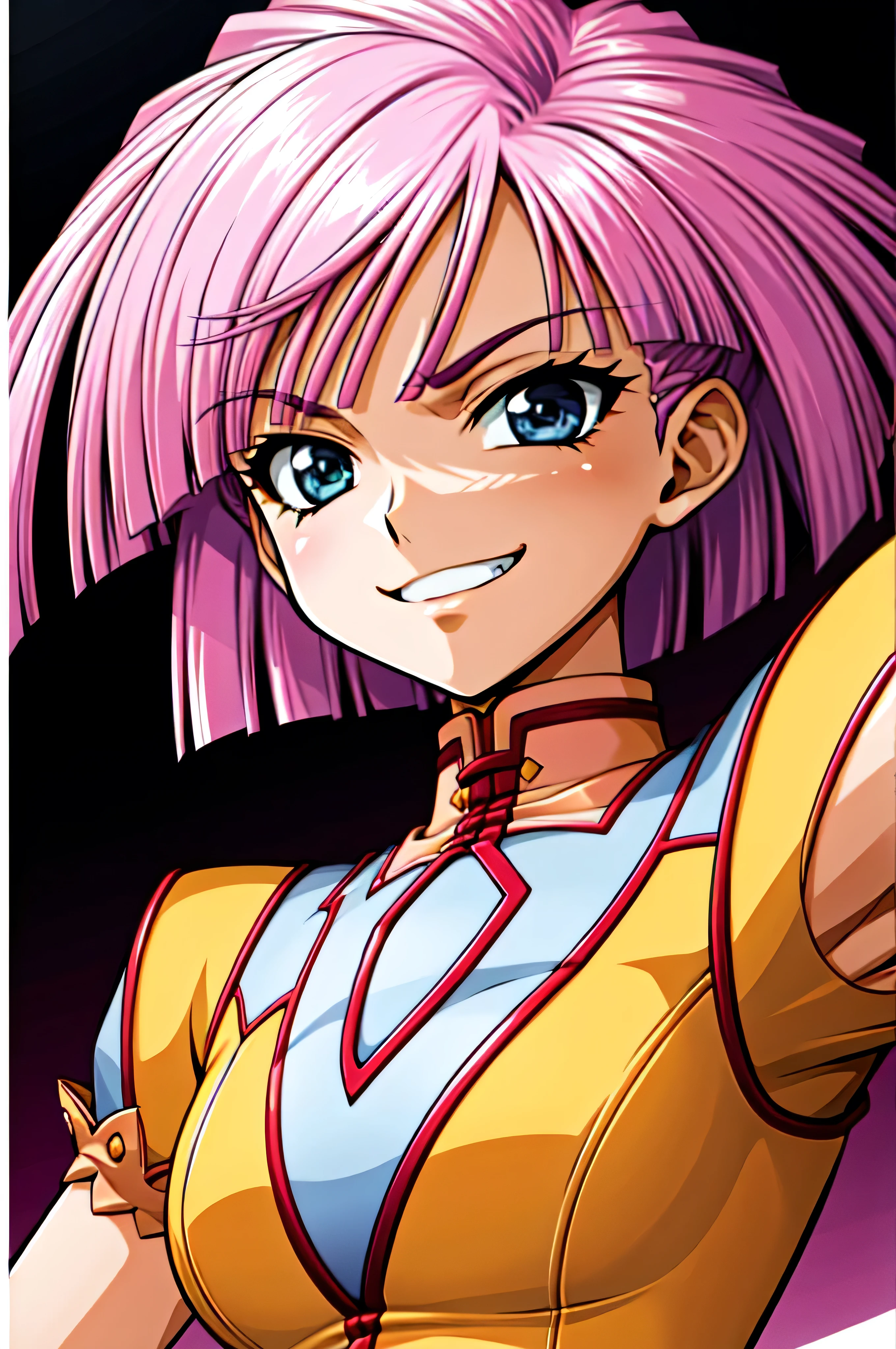 (best_quality 4K, 8K, High resolution, Masterpiece: 1.2), ultra detailed),from_below,(anime_screencap),(1girl,solo),dynamic_angle,very evil_smile,very evil laugh at,tis,shadeded_face,very sadistic,bob short  hair,,black and pink background,