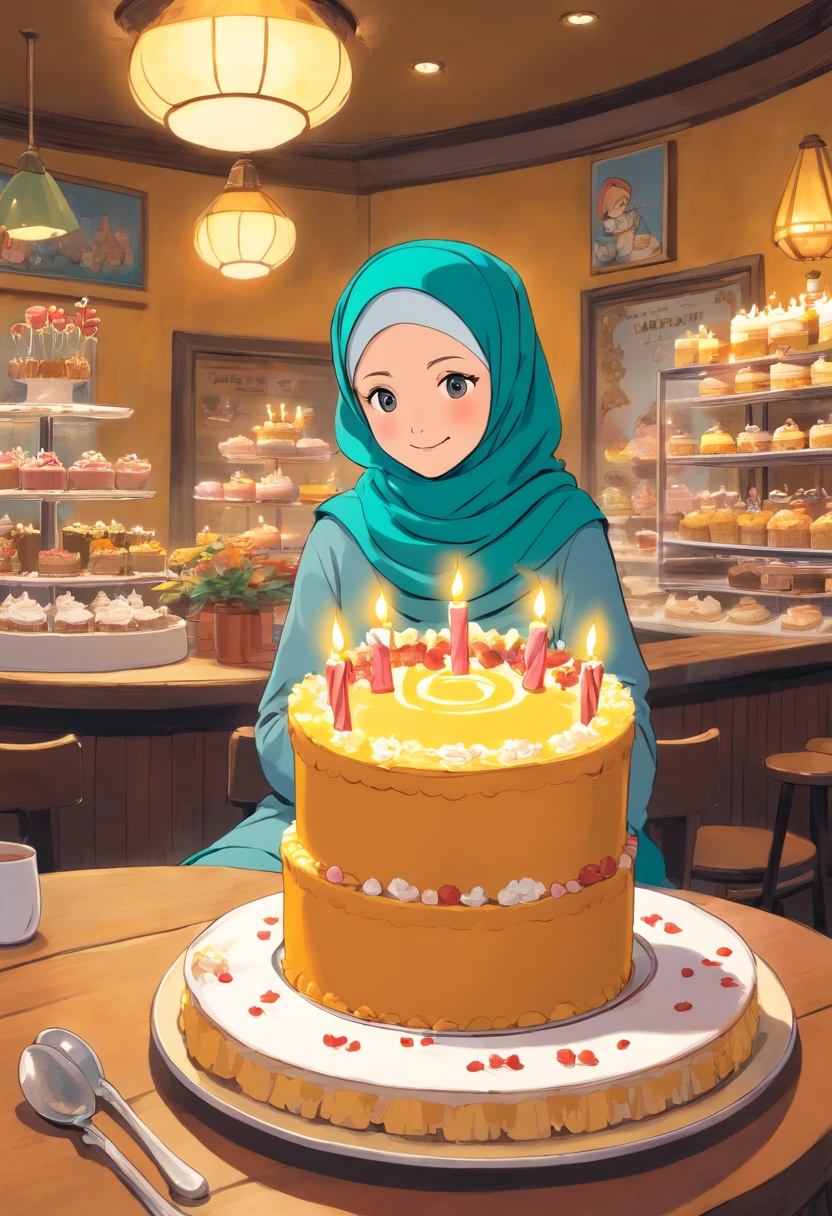 A round face 50 years old female wearing hijab outfits sitting in front of a birthday cake with a ginger kitten at a cafe, Tintin, herge, european comics