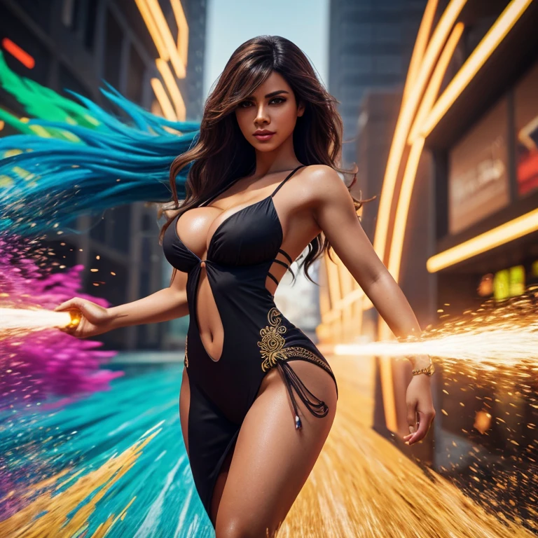 ultra realistic Brazilian woman, centered, mid shot, full body front view with long cleavage, looking at camera, dynamic pose, long wavy hair, expressive and beautiful bang, ultra detailed, vibrant colors create a hype Splash art in realistic colors, Unreal minimalism with octane rendering creates depth of field with bokeh