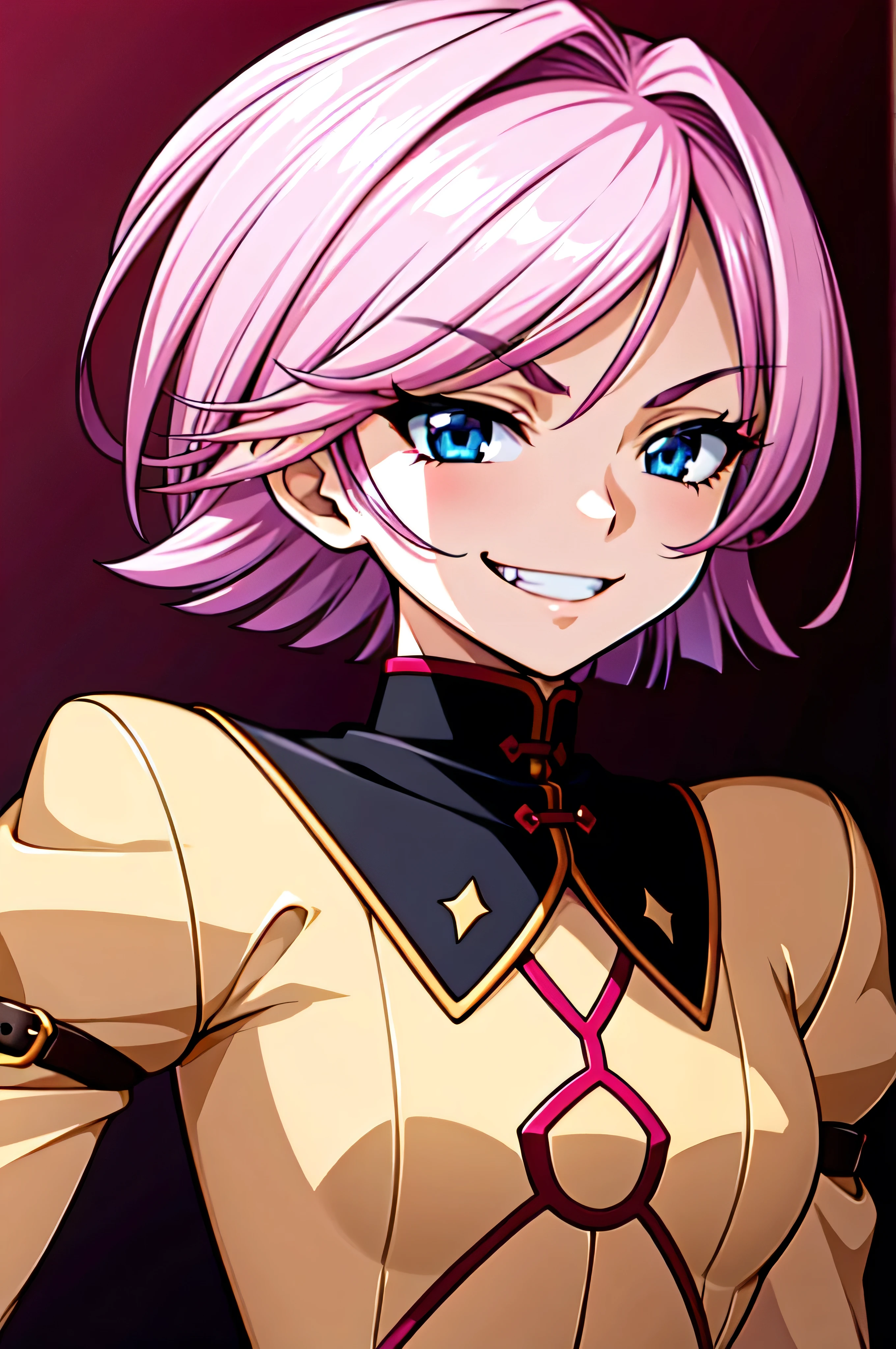 (best_quality 4K, 8K, High resolution, Masterpiece: 1.2), ultra detailed),from_below,(anime_screencap),(1girl,solo),dynamic_angle,very evil_smile,very evil laugh at,tis,shadeded_face,very sadistic,bob short hair,,black and pink background,