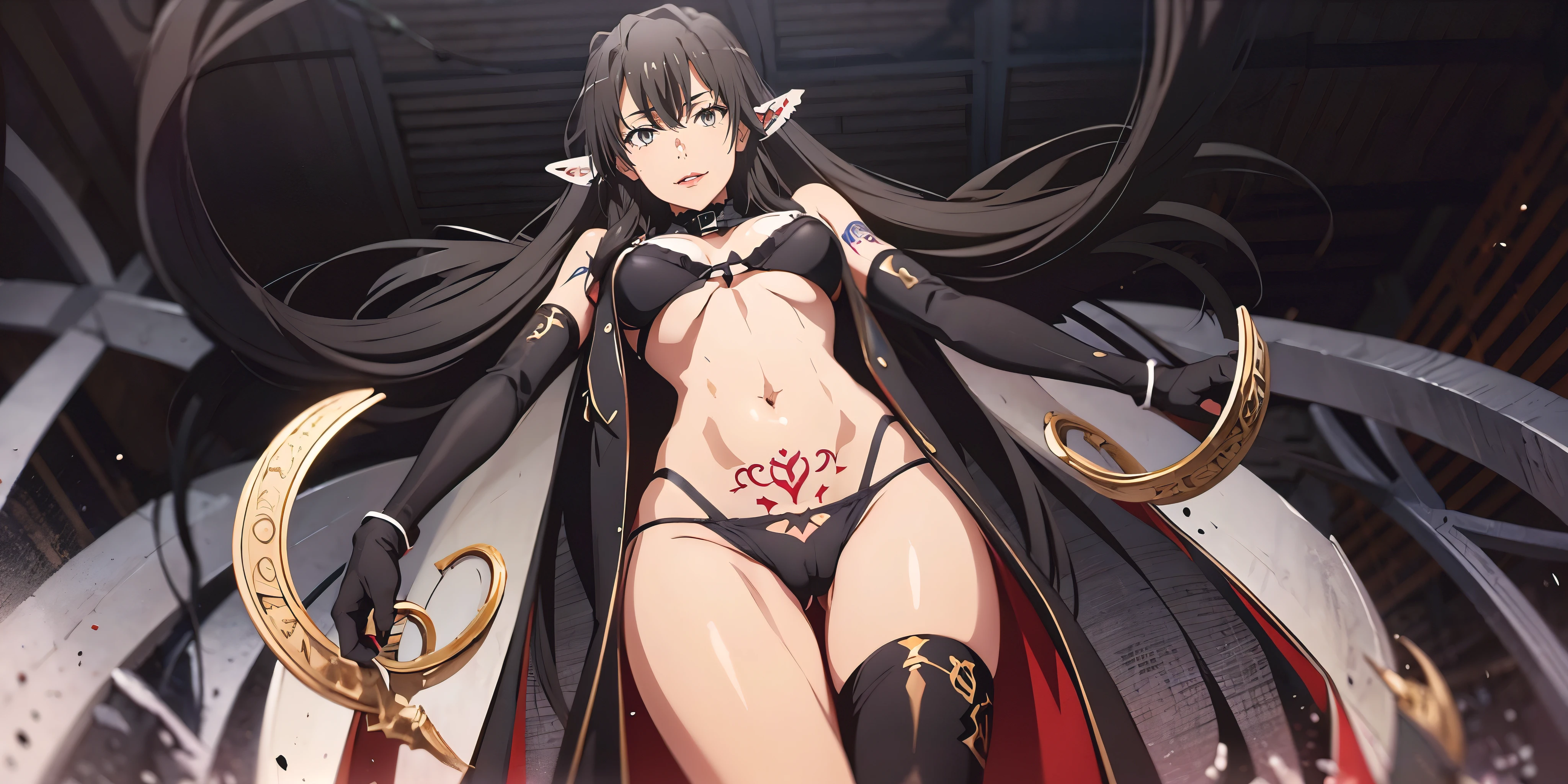 long hair, black hair, grey eyes, curvy, muscular female, huge breasts, anatomically correct, best quality, masterpiece, high quality, high details, highres, HD, (shaded face:1.2), hollow eyes, grey eyes, looking at viewer, smirk, upper teeth, lips, 1girl, tattoo, braid, pubic_tattoo, very_long_hair, stomach_tattoo, solo, large_breasts, navel, striped_gloves, gloves, red_eyes, looking_at_viewer, stomach, elbow_gloves, red_hair, crossed_bangs, from_below, underwear, panties, revealing_clothes, eyebrows_visible_through_hair, thighs, bare_shoulders, areolae, nsfw art