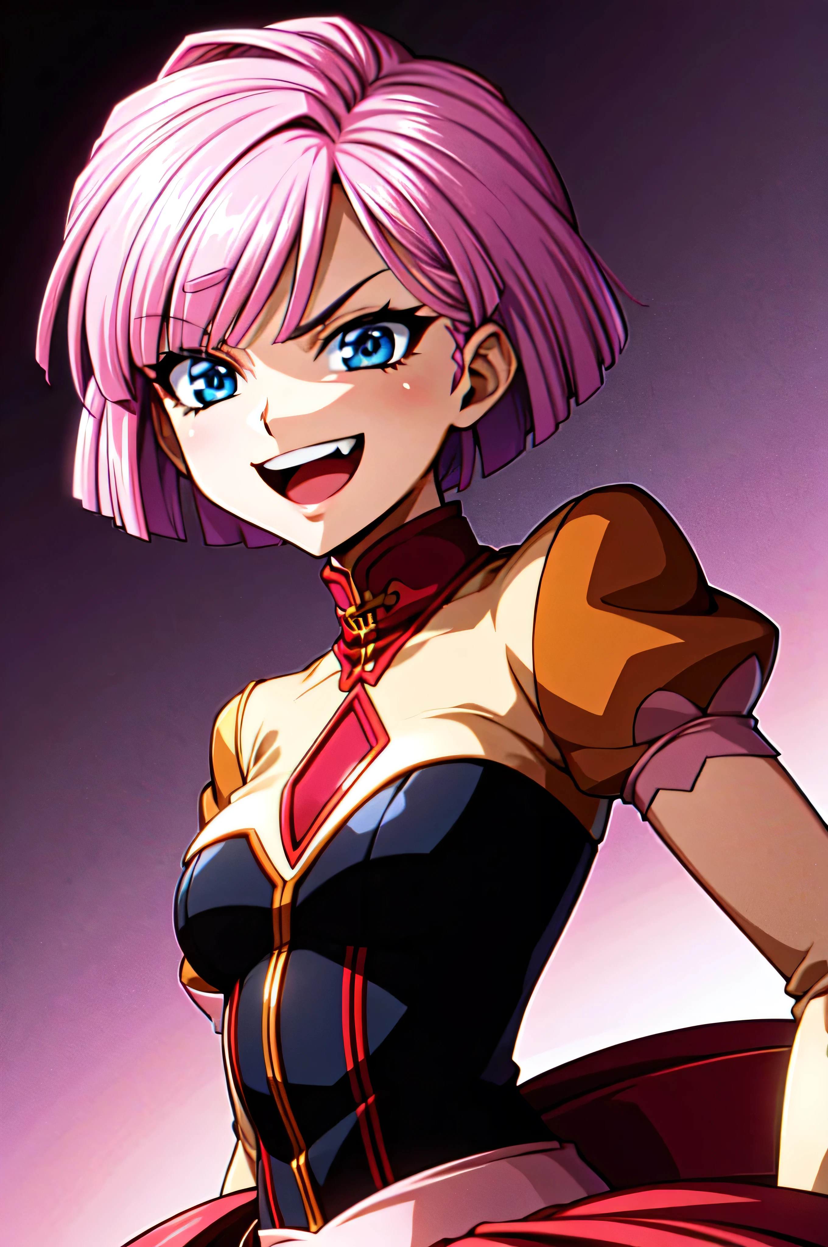 (best_quality 4K, 8K, High resolution, Masterpiece: 1.2), ultra detailed),from_below,(anime_screencap),(1girl,solo),dynamic_angle,very evil_smile,very evil laugh at,tis,shadeded_face,very sadistic,bob short  hair,,black and pink background,