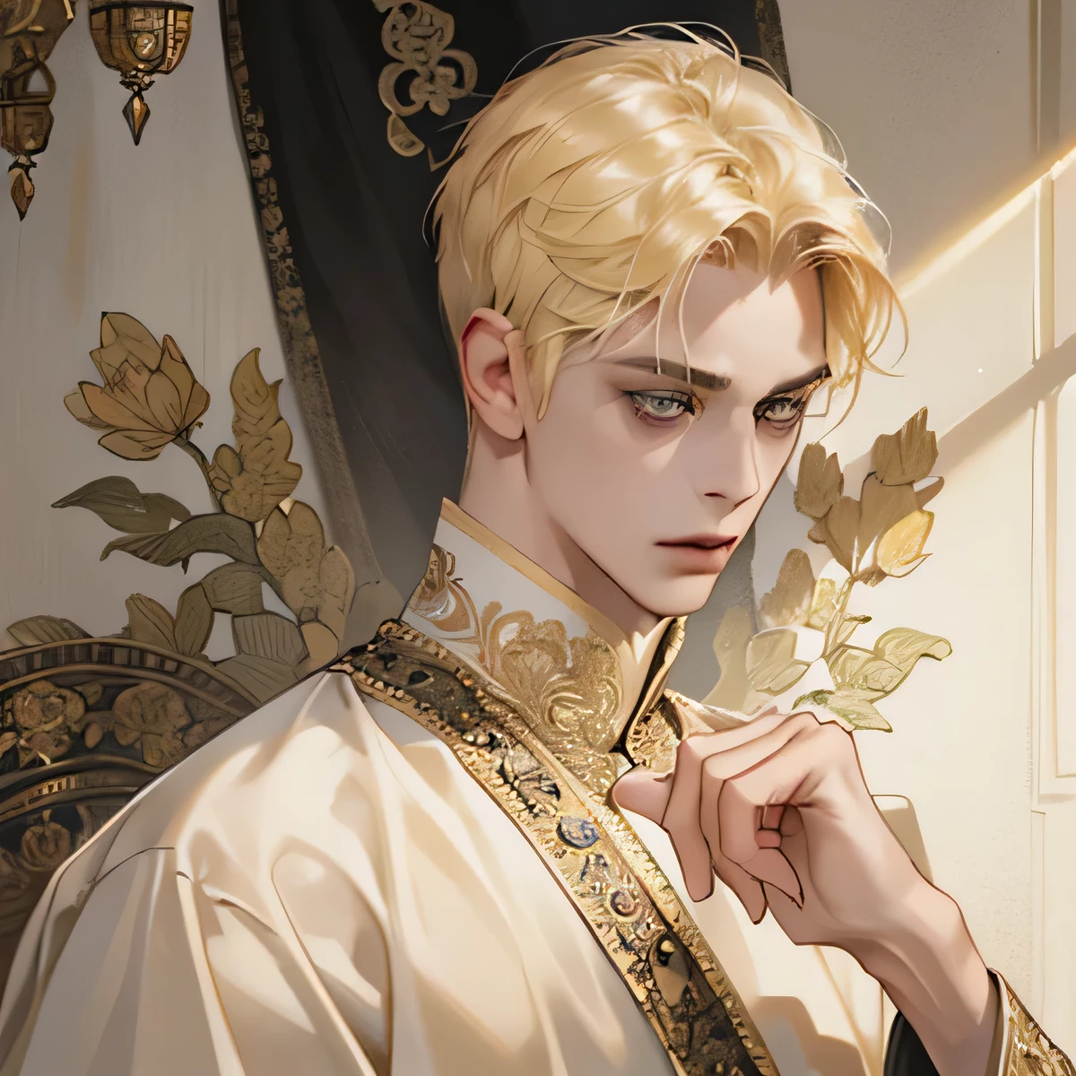 (extremely delicate and handsome:1.2), 8K,(masterpiece:1.0),(best_quality:1.0), 1 man, and intricate detailing, Enlarged textures, and intricate detailing, finely eye and detailed face, and intricate detailing, shiraga, blonde short hair, (closed mouths), Perfect eyes, tired eyes, Equal eyes, carolina eyes, proportional eyes (A male god) with ancient priest clothing