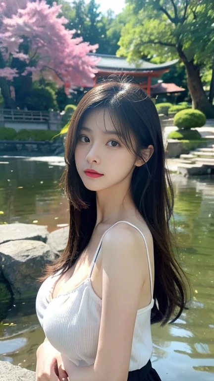(highest quality,8k,RAW Photos,Realistic,High resolution:1.2),(Cute Japanese Girl),(Huge breasts:1.20), Always wears glasses, Beautiful long black hair, Big Breasts ,Very large breasts, Big Tits,超Big Breasts, Very large soft saggy breasts, J Cup, Very large breasts, Sexy Body, Small waist, 18-year-old, Feminine and neat early summer outfit, Beautiful park with a pond, Japanese Idols, Pro Shot