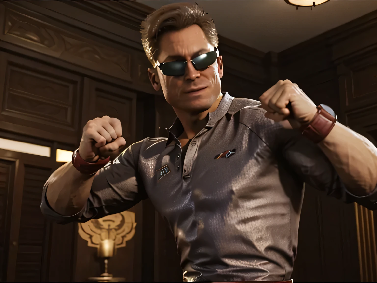 1 man, solo, (Johnny Cage), cocky smirk, sunglasses, fighting stance, fists, Mortal Kombat, Character Design, dynamic lighting, shirtless, trouser, upper body shot, indoors, mansion