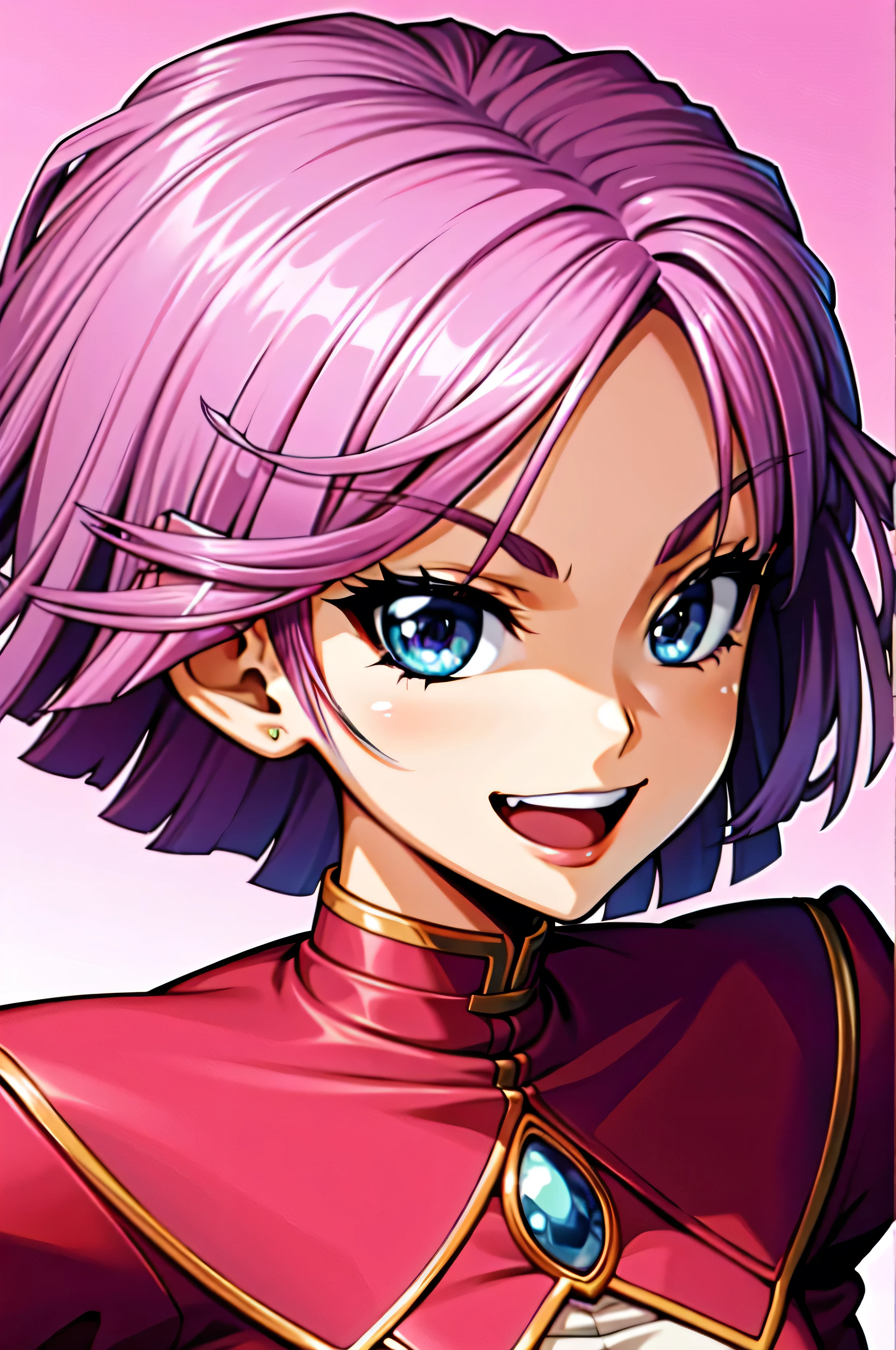 (best_quality 4K, 8K, High resolution, Masterpiece: 1.2), ultra detailed),from_below,(anime_screencap),(1girl,solo),dynamic_angle,very evil_smile,very evil laugh at,tis,shadeded_face,very sadistic,bob short hair,,black and pink background,