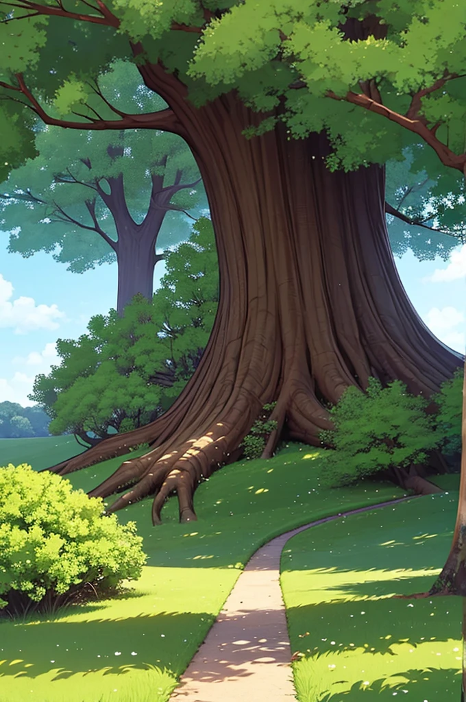 Trees in a spacious place, um castelo no fundo . animation style, 2D