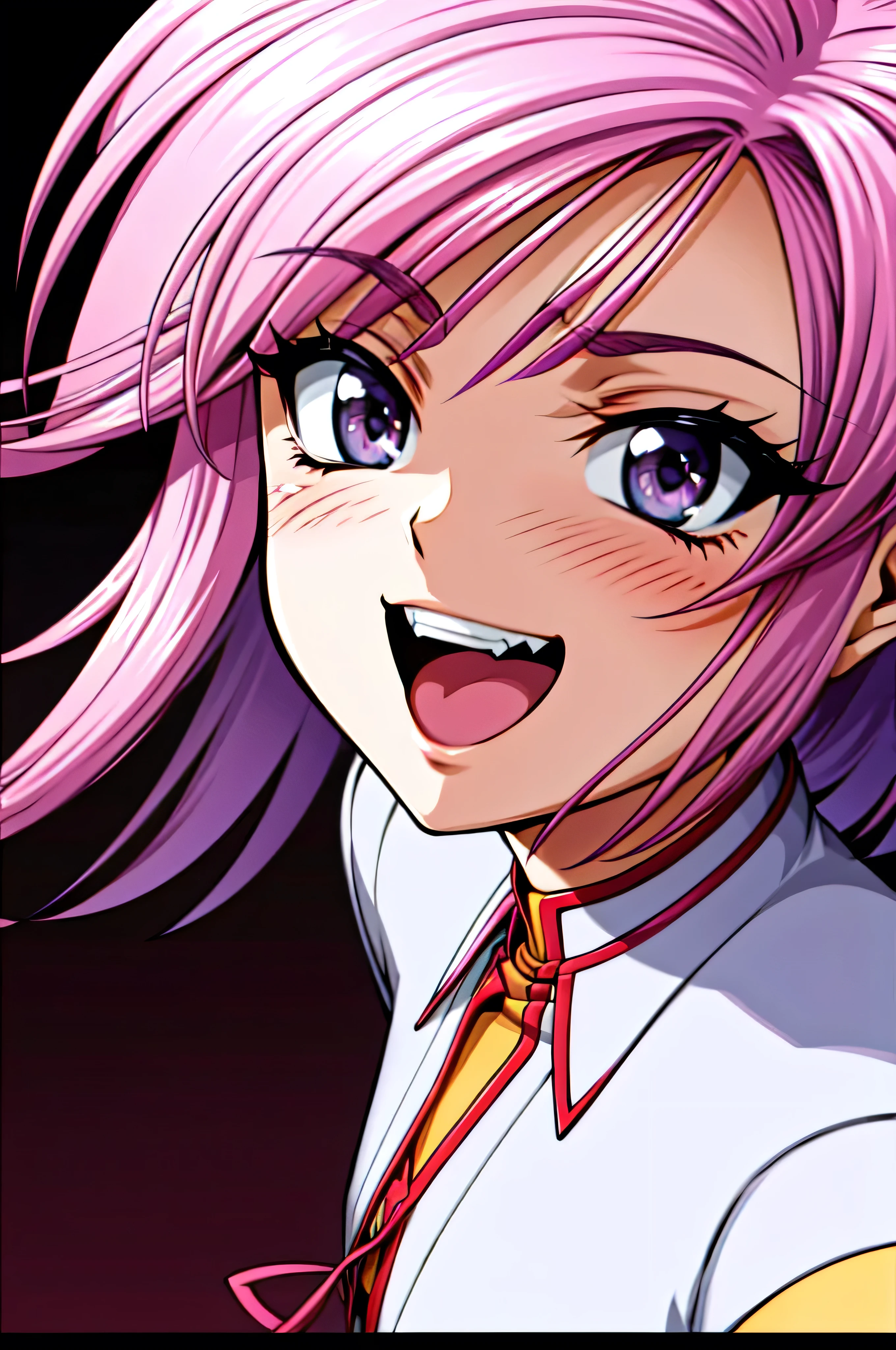 (best_quality 4K, 8K, High resolution, Masterpiece: 1.2), ultra detailed),from_below,(anime_screencap),(1girl,solo),dynamic_angle,very evil_smile,very evil laugh at,tis,shadeded_face,very sadistic,bob short  hair,,black and pink background,