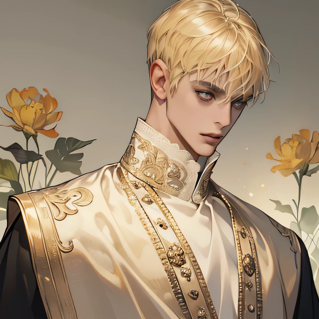 (extremely delicate and handsome:1.2), 8K,(masterpiece:1.0),(best_quality:1.0), 1 man, and intricate detailing, Enlarged textures, and intricate detailing, finely eye and detailed face, and intricate detailing, shiraga, blonde short hair, (closed mouths), Perfect eyes, tired eyes, Equal eyes, carolina eyes, proportional eyes (A male god) with ancient priest clothing