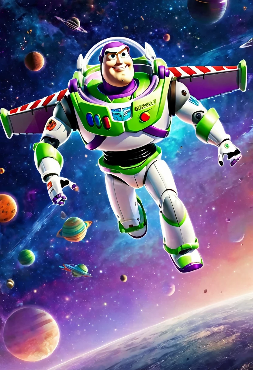    Lovely Buzz Lightyear(Anatomically correct) Dynamic flight background universe space cartoon style poster artwork stunning artwork detailed high quality 