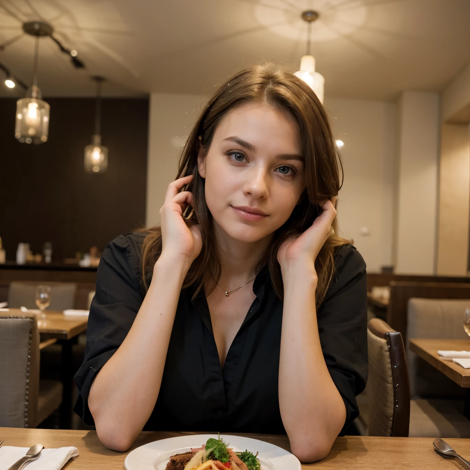 ((Best quality)), ((Meisterwerk)), perfektes Gesicht, amerikanisch , Blonde Haare, 26 Jahre alt, Modell, Nice, attraktives und erstaunliches Aussehen, Extremely beautiful, in einem Restaurant
