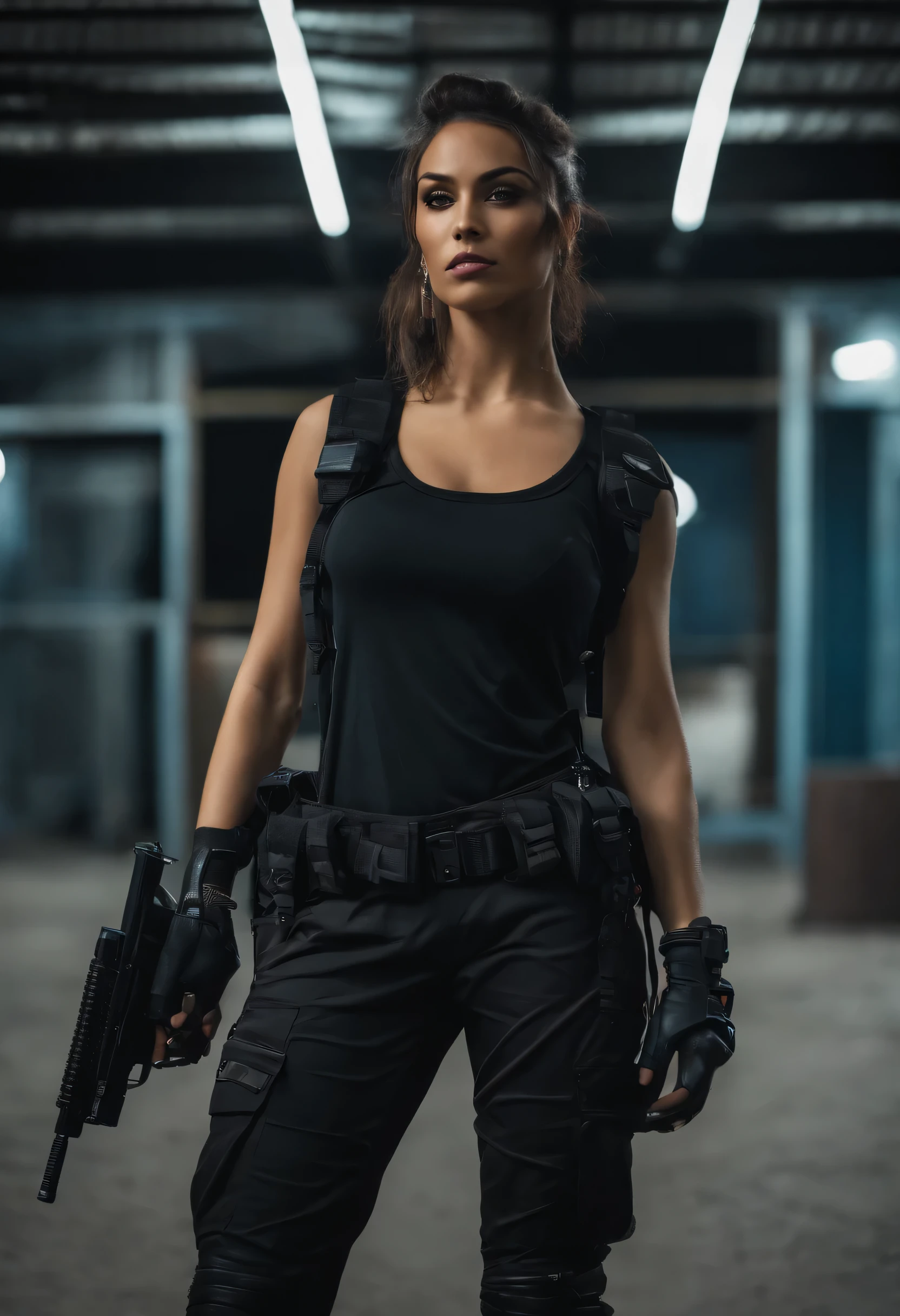 Un primer plano de una persona con una camiseta negra y algunas armas, Photograph of a brunette woman wearing technological clothing, pantalones tipo cargo. ciudad ciberpunk, Soldado mecanizado, con top negro y armadura, traje ciberpunk, Post-apocalyptic vibes, Toda la ropa ciberpunk negra., ropa estilo cyberpunk, ciberpunk femenino, Chica ciberpunk, In a post-apocalyptic setting, Cyberpunk diosa enojada lind