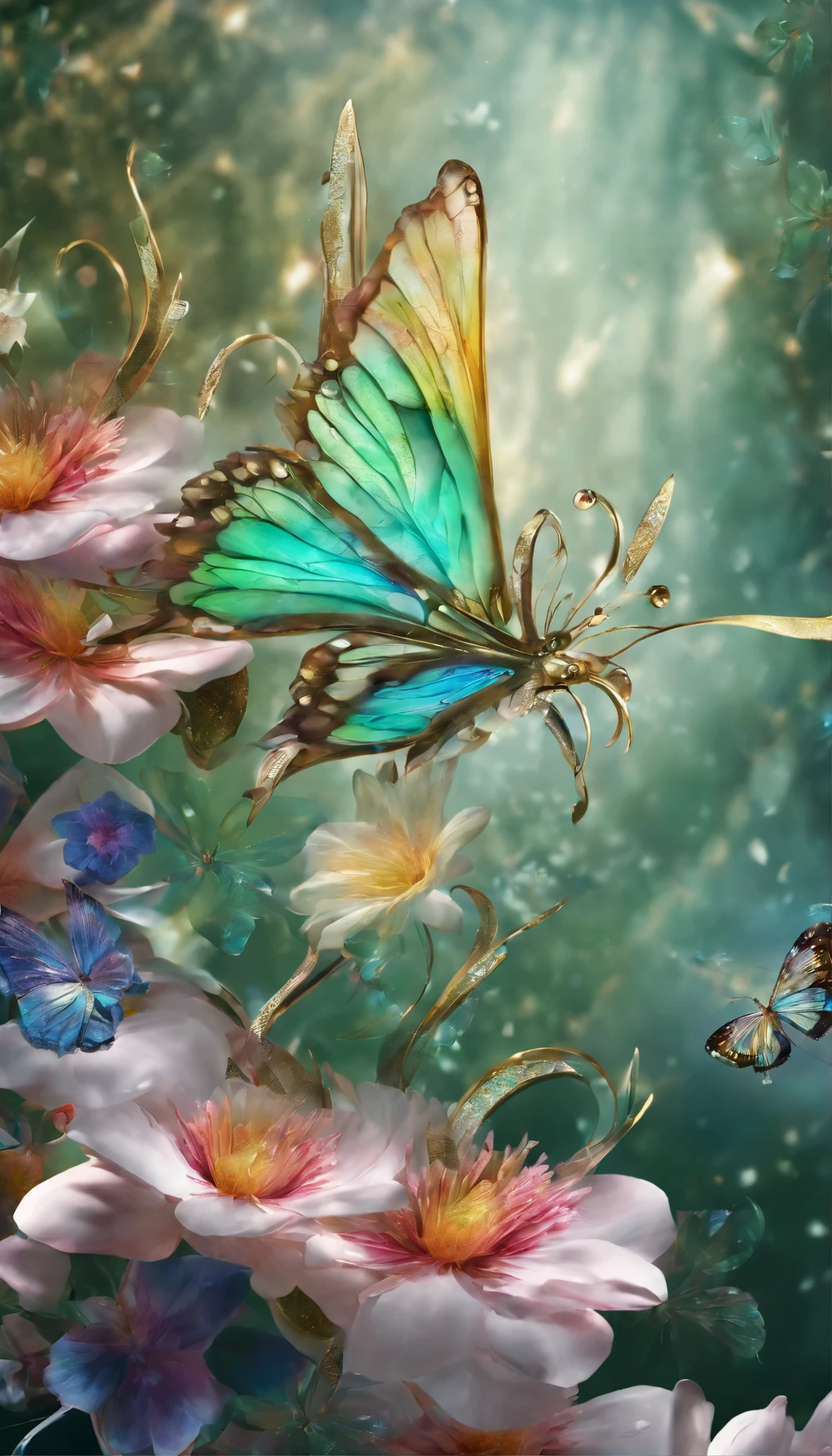 The background is greenblue,All expressed with jewels, the arrival of spring, various beautiful flowers,Swallowtail butterfly,
, angles looking up from below, various jewels falling from the sky, wonderful and beautiful superb view, slightly hazy, fantastic, high resolution, 8K, (best quality, highres, realistic:1.37), shiny metallic flowers, intricate and delicate petals, reflective surfaces, vibrant colors, intricate details, close-up view, surreal garden, surreal beauty, dreamy atmosphere, fine art, abstract botanicals, metallic sculpture, contrasting textures, ethereal glow