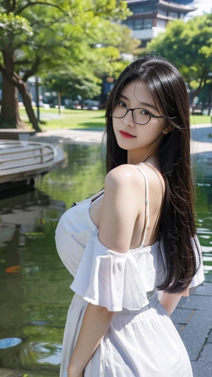 (super highest quality,Ultra HD, 8k,,Realistic,High resolution:1.2, Vivid images), (Cute Japanese Girl),(Huge breasts:1.20), Always wears glasses, Beautiful long black hair, Big Breasts ,Very large breasts, Big Tits,超Big Breasts, Very large soft saggy breasts, J Cup, Very large breasts, Sexy Body, Small waist, 18-year-old, Feminine and neat early summer outfit, Beautiful park with a pond, Japanese Idols, Pro Shot