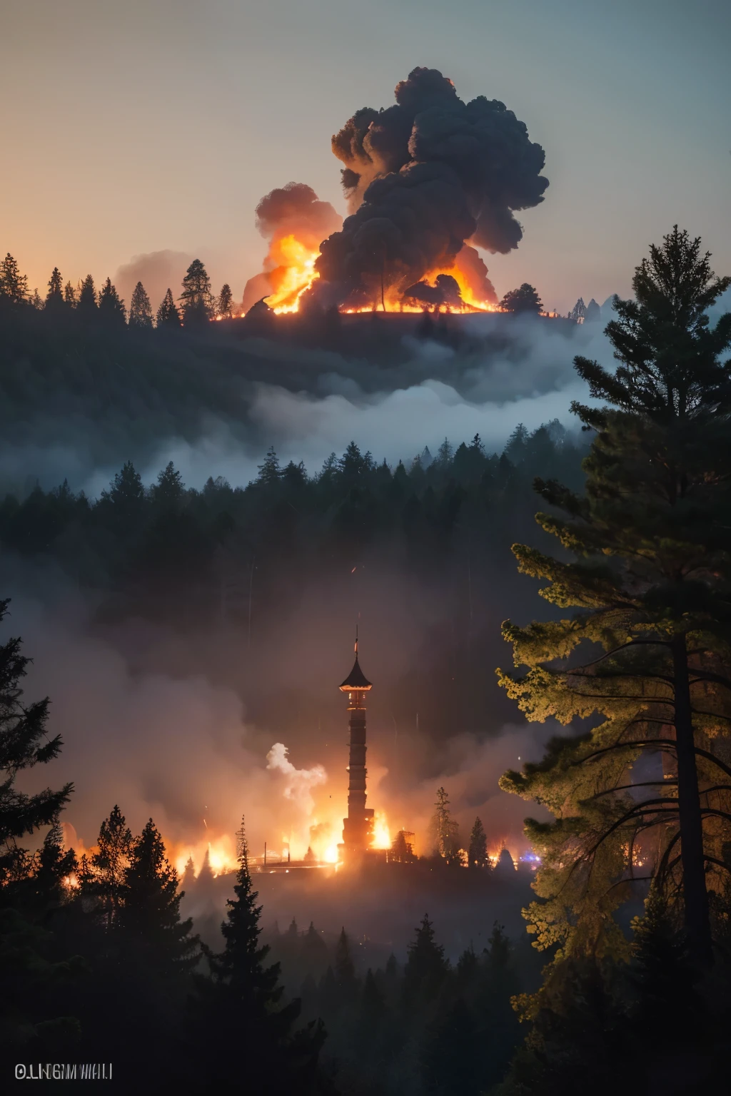 raw photo, nightfall, Burning forests and red rivers, Campfires and campsites, photorealistic, puff of black smoke, Hordes of ancient soldiers in the forest, Chinese architecture sparsely hidden in nature, high detailed texture, 8k uhd, dslr, soft lighting, high quality, film grain, Fujifilm XT3, highly detailed photography, (muted colors, cinematic, dim colors, soothing tones:1.2), vibrant, insanely detailed, hyperdetailed, (vsco:0.3), (intricate details:0.9), (hdr, hyperdetailed:1.2) (highest coherency: 1.39) (highest quality: 1.39) (rule-of-thirds) (award-winning) (masterclass) (highest resolution: 1.39), The army was stationed in the forest, and in the distance, as the battle raged and smoke billowed, a group of soldiers rushed to the camp