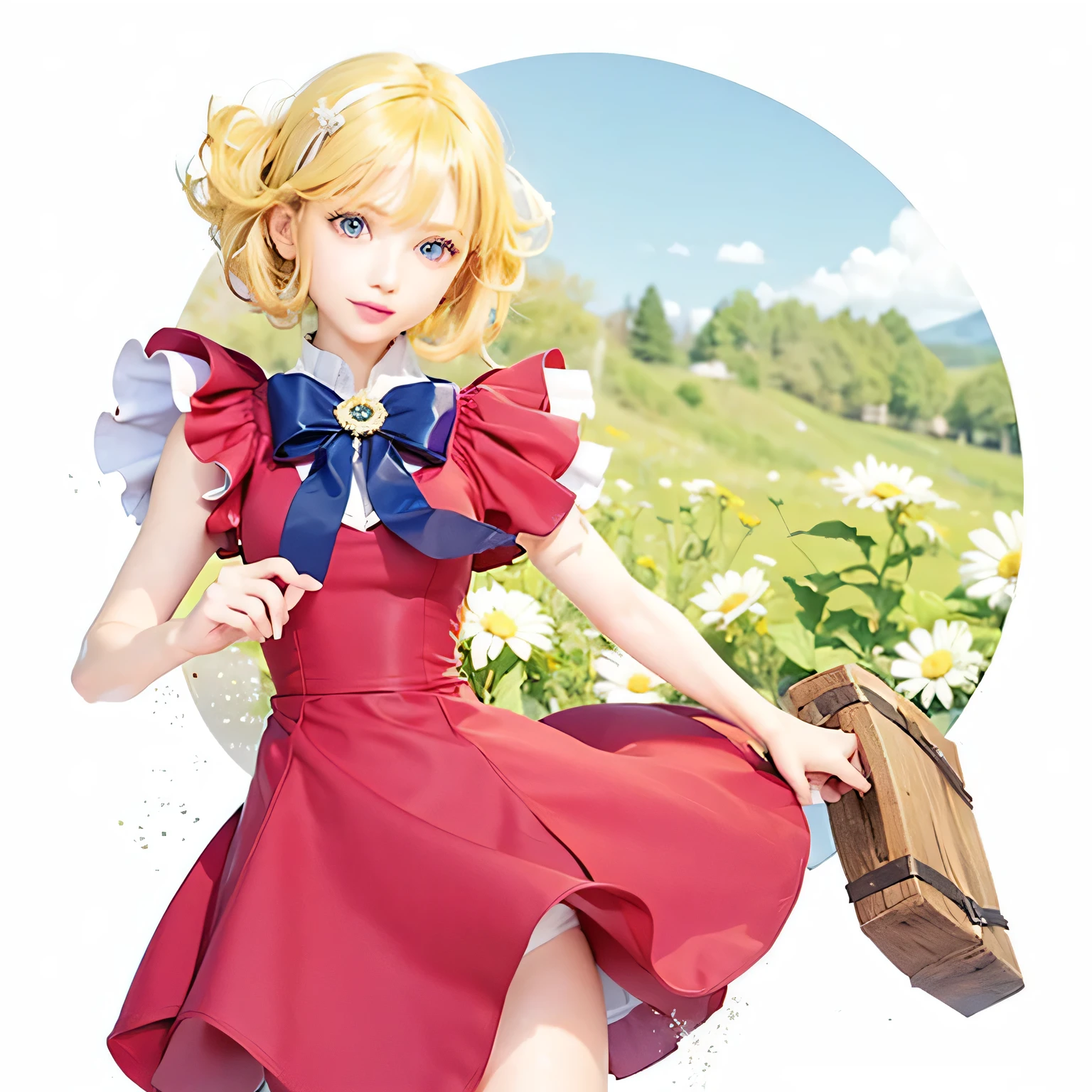 Top quality professional photography, Live-action adaptation of anime drawings, masterpiece, 8k images, Shiny blonde hair, Short Hair, Deep pink one piece, The hem of the skirt soars, Beautiful Face, Cute face, Beautiful delicate blue eyes, White skin, Slender figure, (White panties are visible:1.3), Bust Sharp Focus, Accentuating body lines, Natural Lighting,