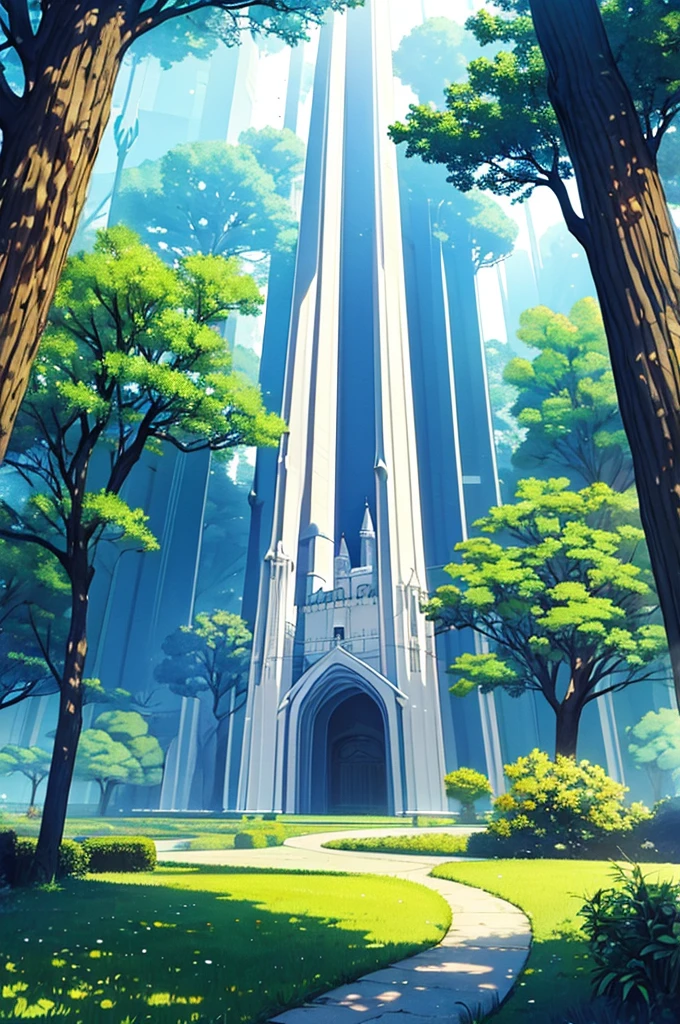 Trees in a spacious place, um castelo no fundo . animation style, 2D