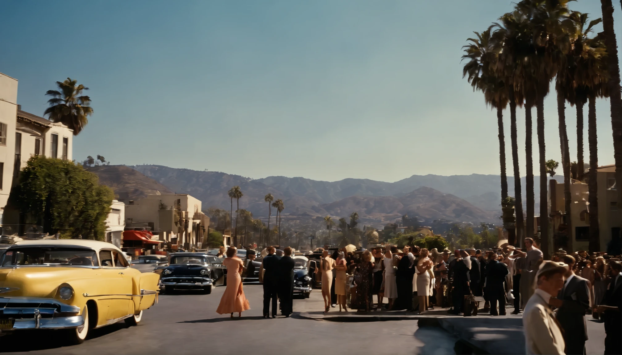 wide shot of a hollywood street busy with lots of people and cars in 1960s movie with hollywood hills in the background, crowd, cinematic, photo real, 2:40 aspect ratio, backlit, panavision, depth of field, inspired by George Hurrell, steven meisel photography, old hollywood themed, by John Keane,champagne commercial, glamorous composition, color film still, very realistic film still, high quality film still, by Harvey Pratt, backlit