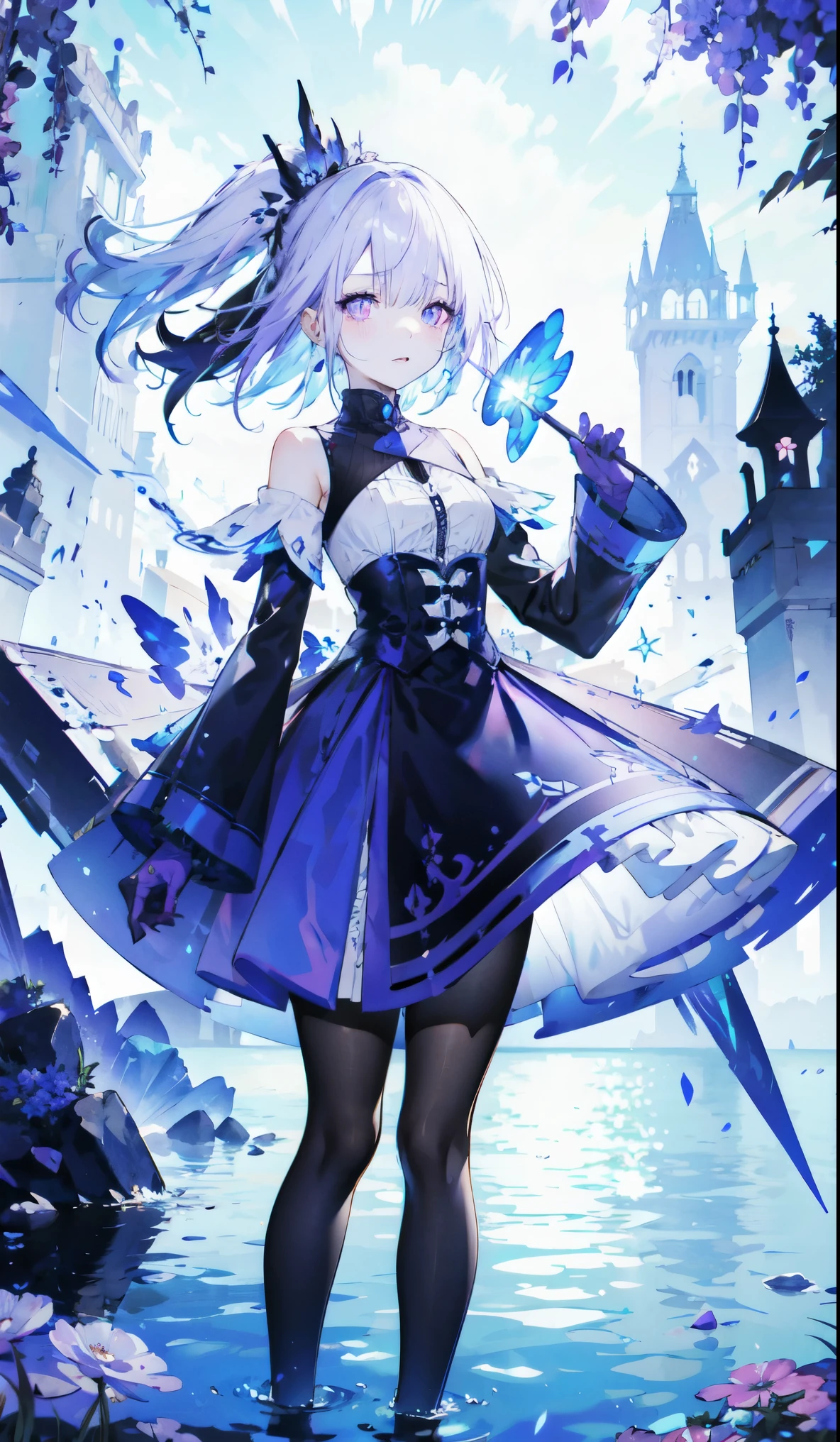((masterpiece:1.4,best quality)),(Super detailed),(Extremely detailed eyes),(Black leggings,Shiny socks:1.5),Hello Darkness
(Cute girls),,(Blood-red pupils,Diamond-shaped pupil:1.15),Purple Eyeshadow,(Elongated hair,Thick hair,Single ponytail,shiny hair:1.5)(Variza:1.2),Fair skin,despair,Grief,Empty eyes,Tears streaming down my face,tilt head to one side,Kneel down
(She wears blue armor,A blue dress,:1.5),(blue gloves:1.4)Very long plush sleeves,White,White Cloud,Dream bubbles ,Ice and glitter effects
(Black long skirt:1.1),
(dawn:1.2),
(Intense black and white:1.16),(Depth of Field:1.4),,Intricate details,(Sky Castle,Standing on the lake,Purple flowers by the lake)