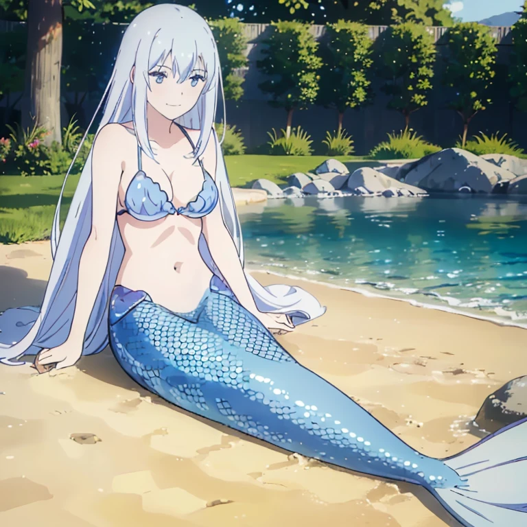 pool, mermaid, mermaid tail, blue mermaid,(extremely detailed CG unity 8k wallpaper), (masterpiece), (best quality), (ultra-detailed), (best illustration), (best shadow), (absurdres), 1girl, solo, Masuzu, long hair, smile, 1girl, white hair, closed mouth, outdoors, solo focus, full body, bangs, hair between eyes,